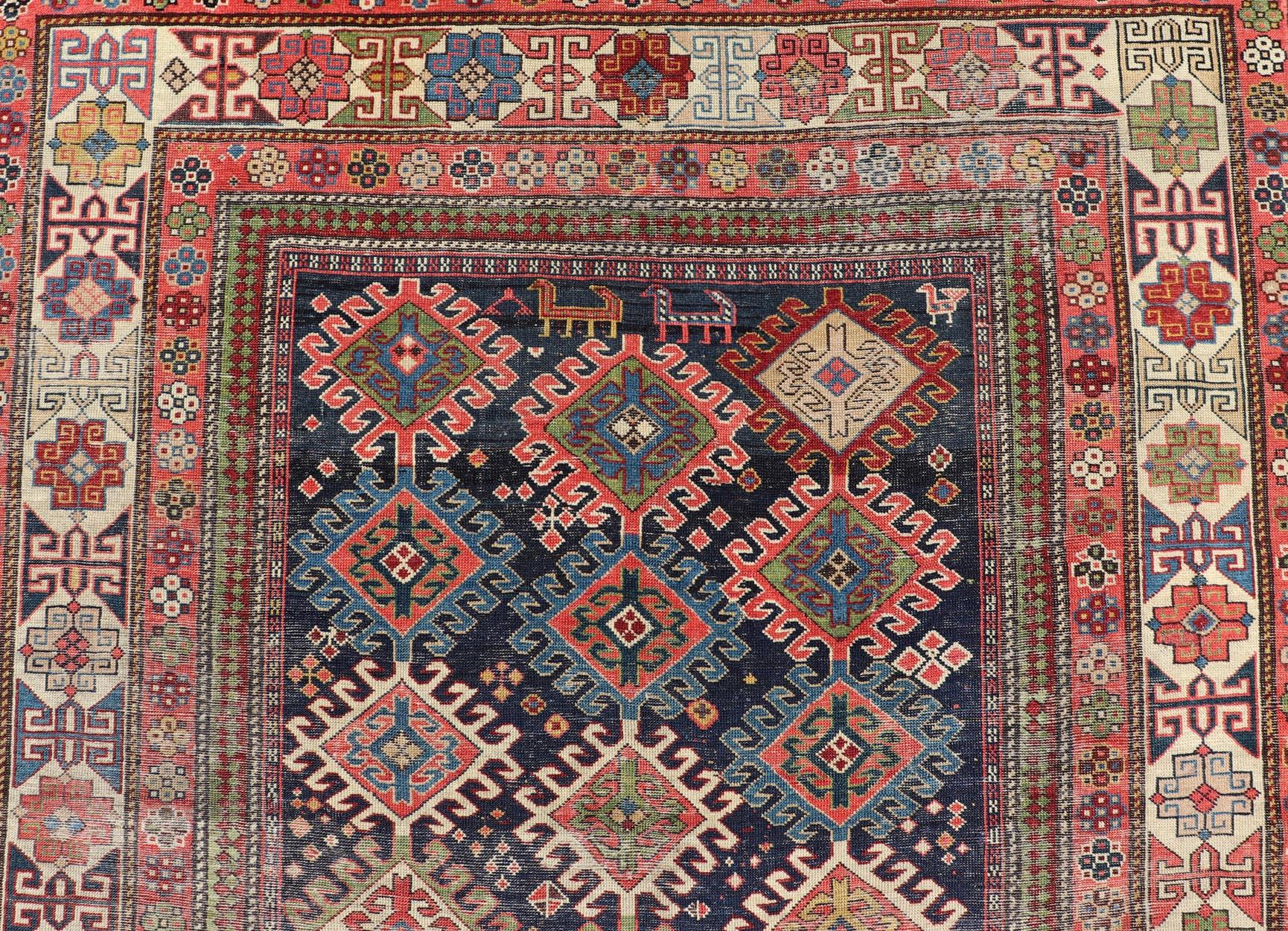 Laine Ancien tapis caucasien Shirvan Gallery avec motifs géométriques en forme de diamants  4'6 x 12'0 en vente