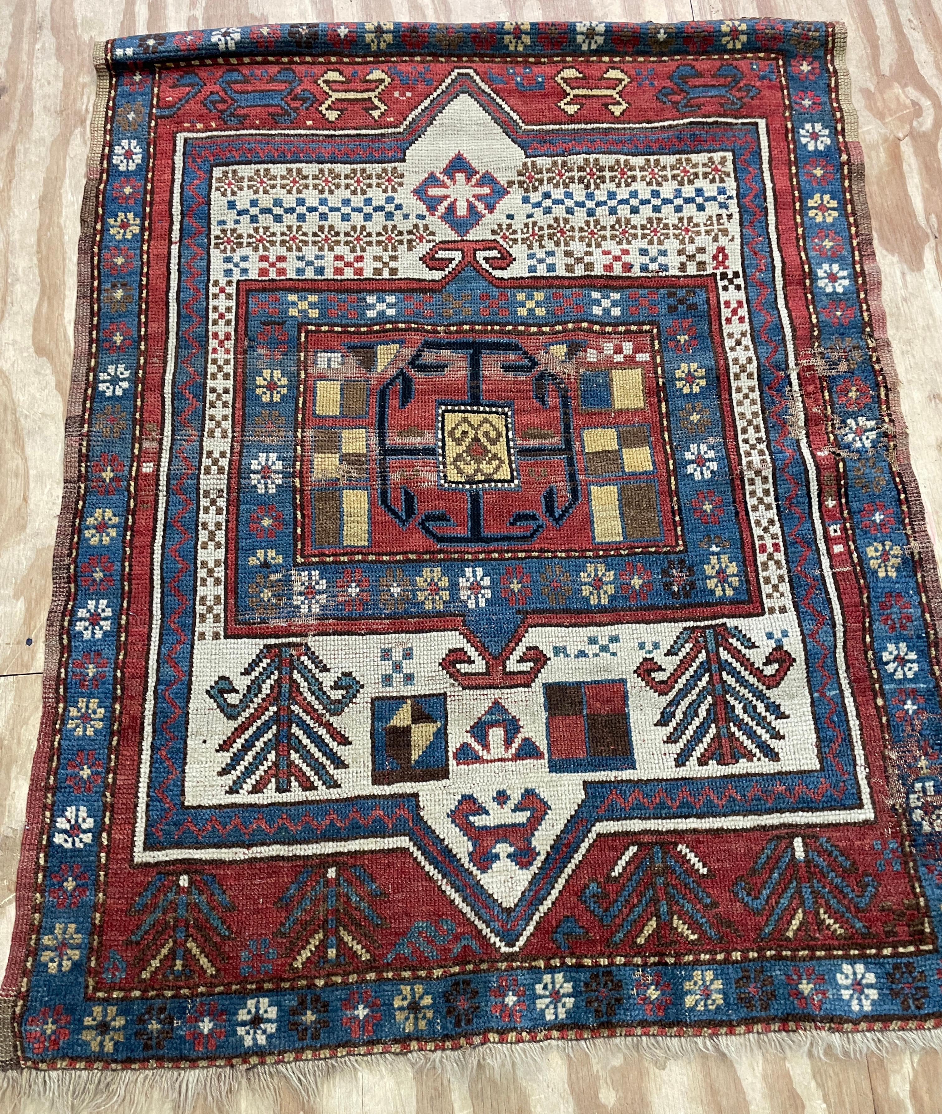 Laine Tapis de prière caucasien ancien Shirvan/ Kazak, tel quel vers 1880 en vente