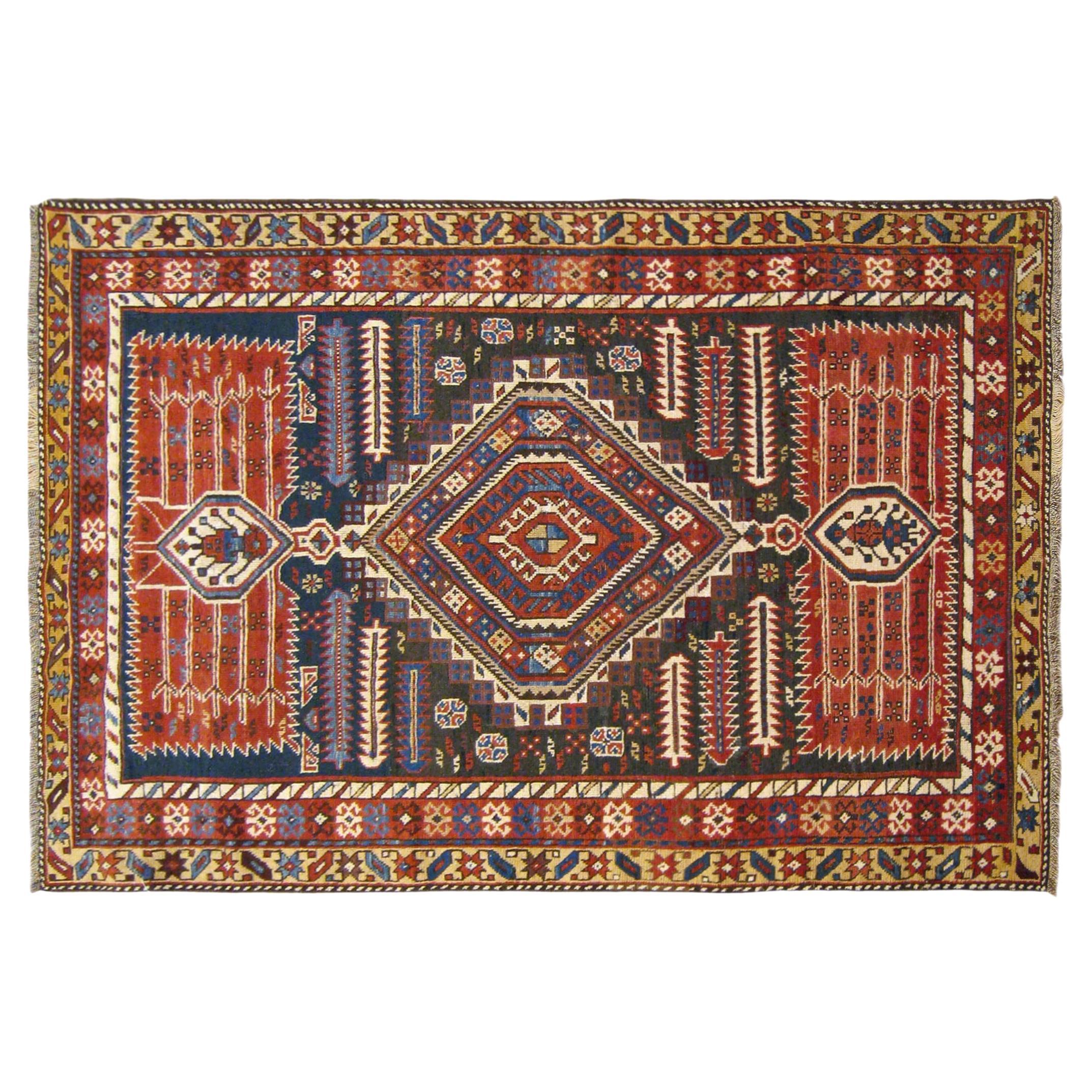 Antique Caucasian Shirvan Oriental Rug in Small Size with Central Medallion