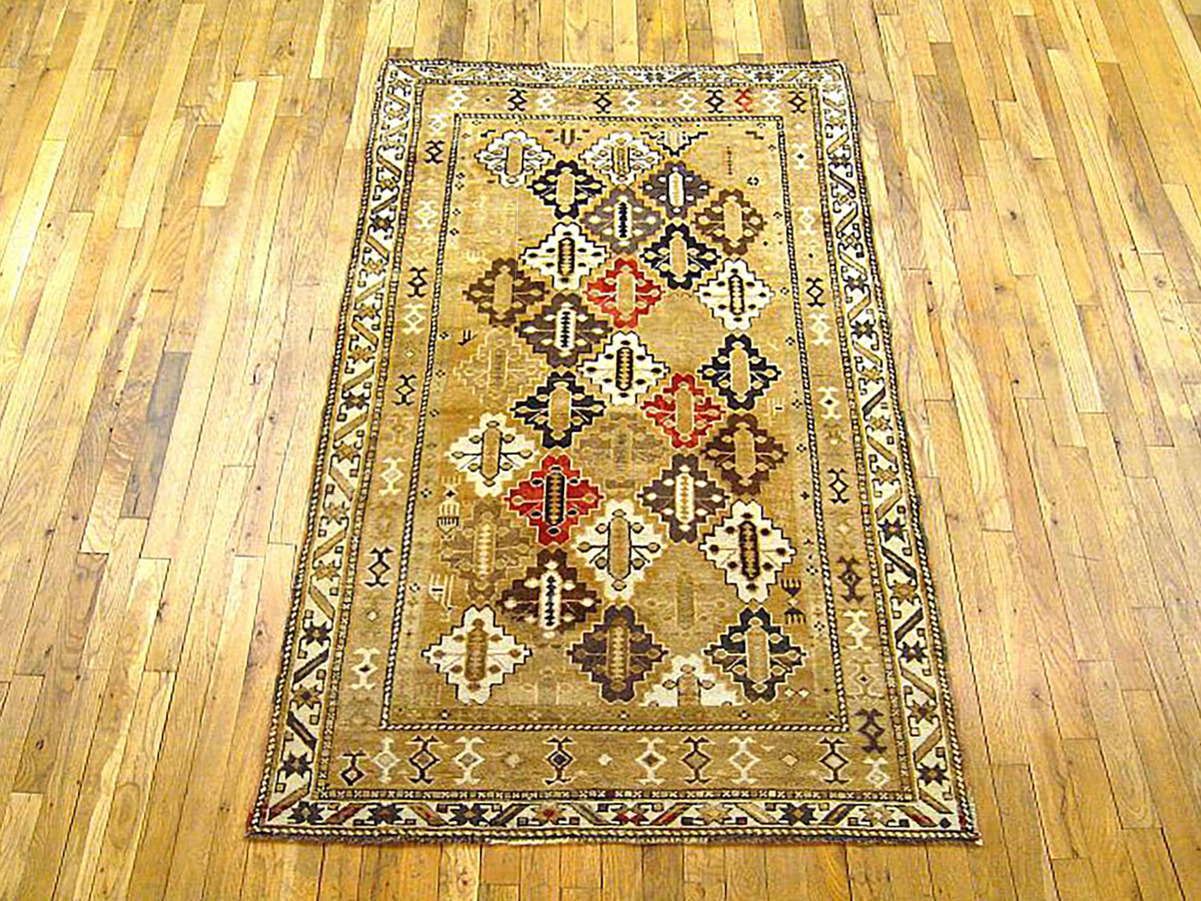 Antique Caucasian Shirvan rug, Small size, circa 1920

A one-of-a-kind antique Caucasian Shirvan Oriental Carpet, hand-knotted with soft wool pile. This lovely hand-knotted wool rug features an intricate Diamond and Petagh design allover the beige
