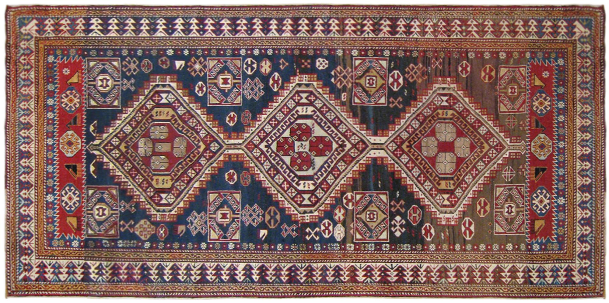Antique Caucasian Shirvan Oriental Rug in Small Size with Multiple Medallions