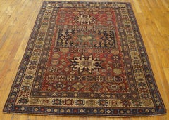 1930s Red Geometric Tribal Antique Caucasian Shirvan Rug 3'9" x 5'9" Wool Carpet