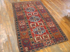 1900s Red Geometric Tribal Antique Caucasian Shirvan Rug 4'0" x 6'8" Wool Carpet