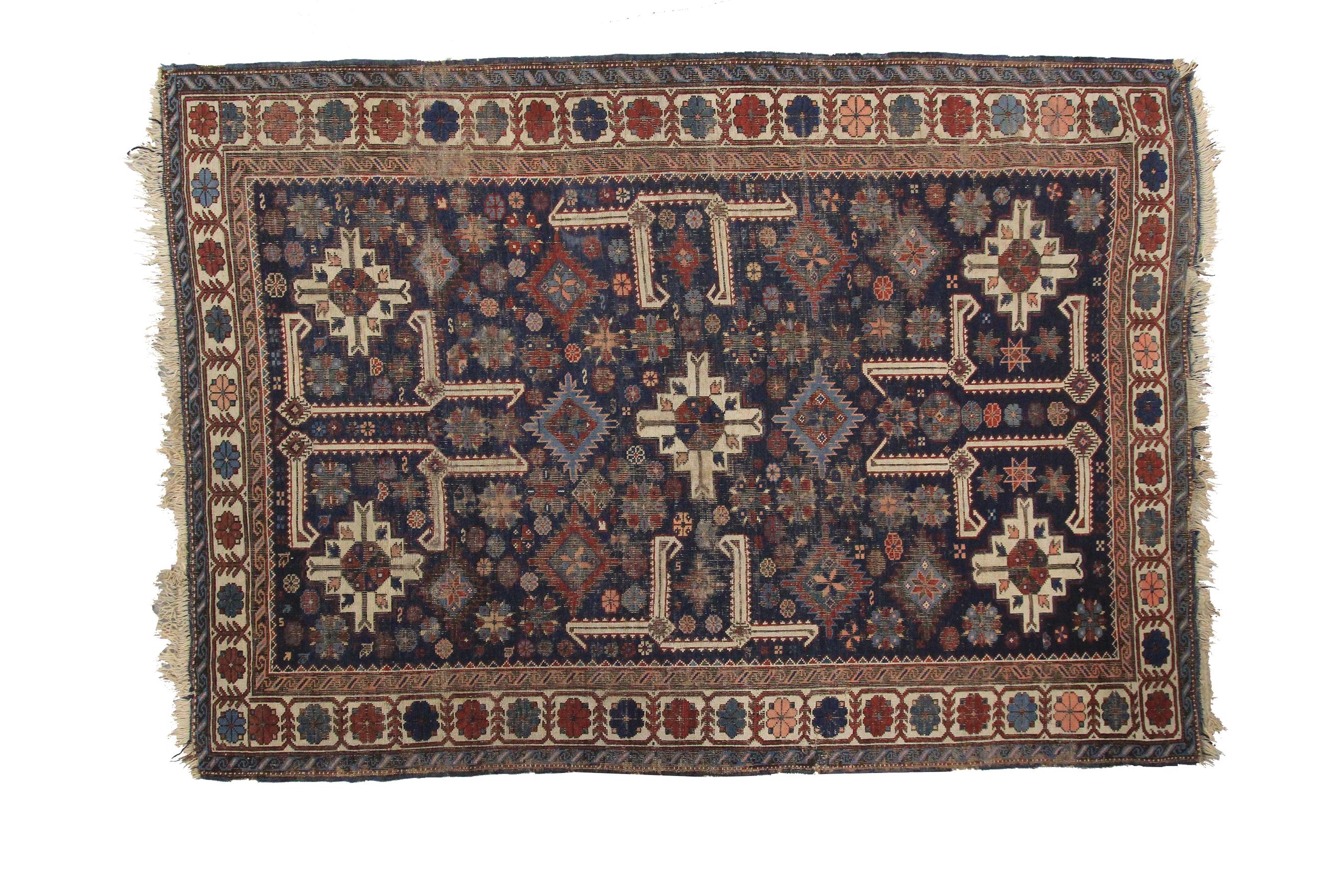 Authentic Antique Caucasian Shirvan rug geometric blue
4' x 6' (4'2