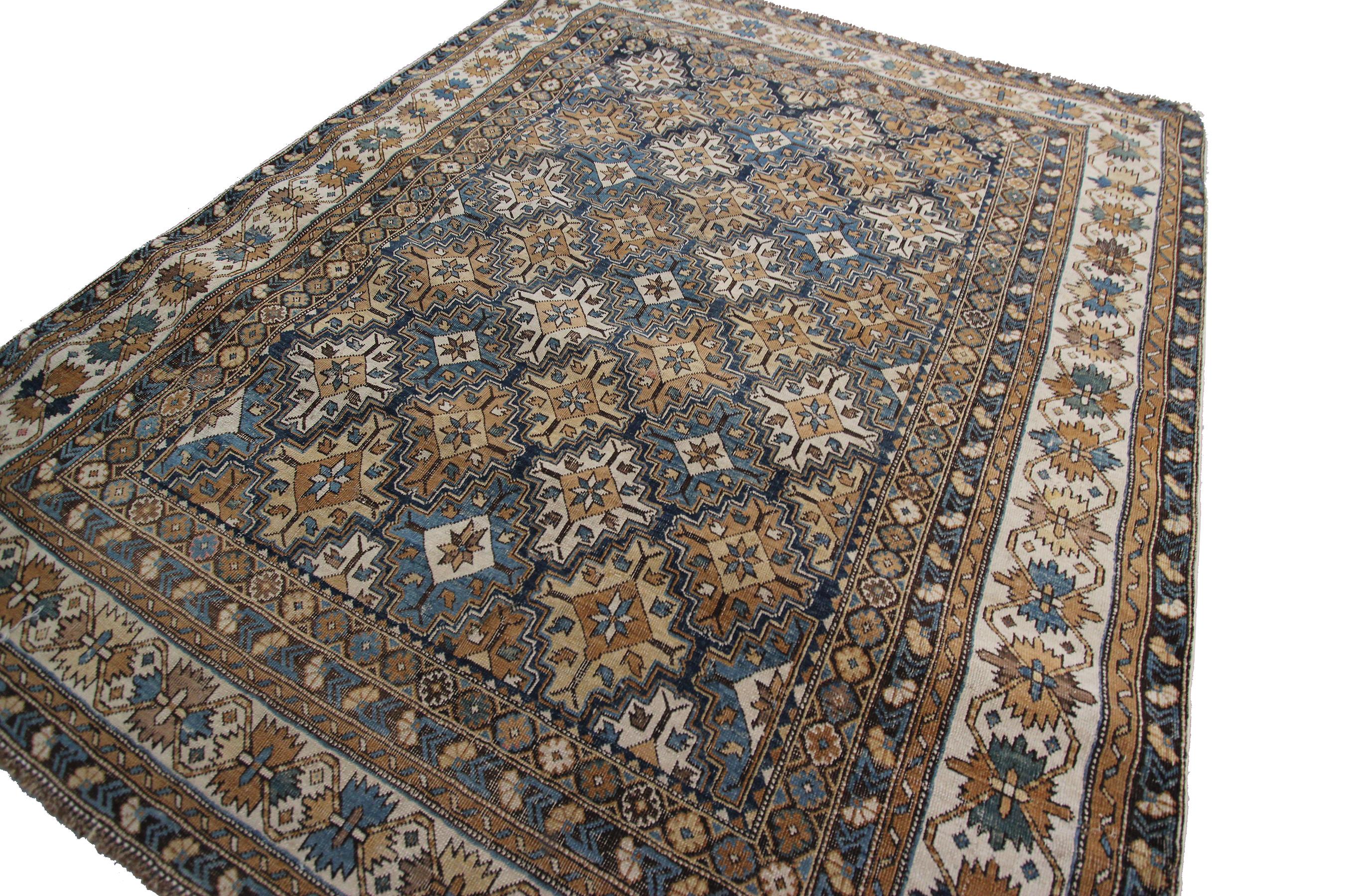 Antique Shirvan Caucasian Rug Tribal Geometric Rug Blue 4' x 4'10