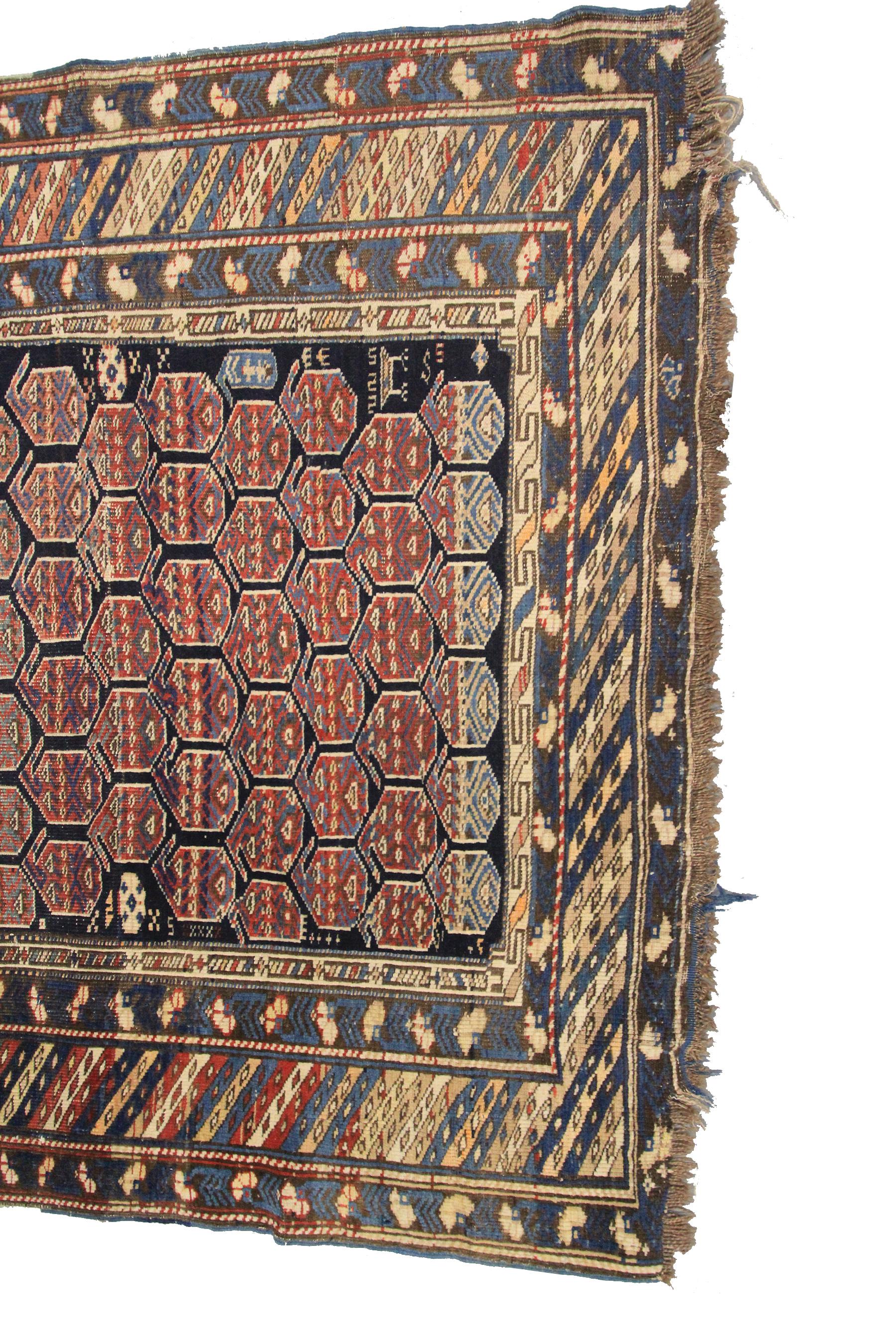 Hand-Knotted Antique Caucasian Shirvan Rug Antique Shirvan Rug Geometric Overall For Sale