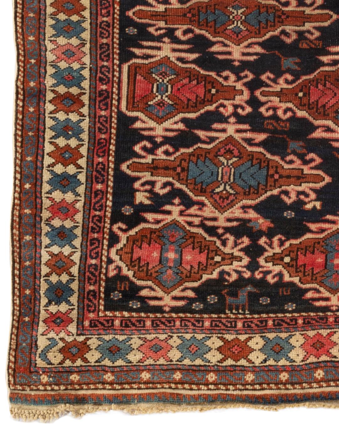 Antique Caucasian Shirvan rug, circa 1880. These types of antique Caucasian rugs were woven in the eastern part of the region, mostly along the west coast of the Caspian Sea and show in the design, the ethnic style associated with Caucasian pieces.