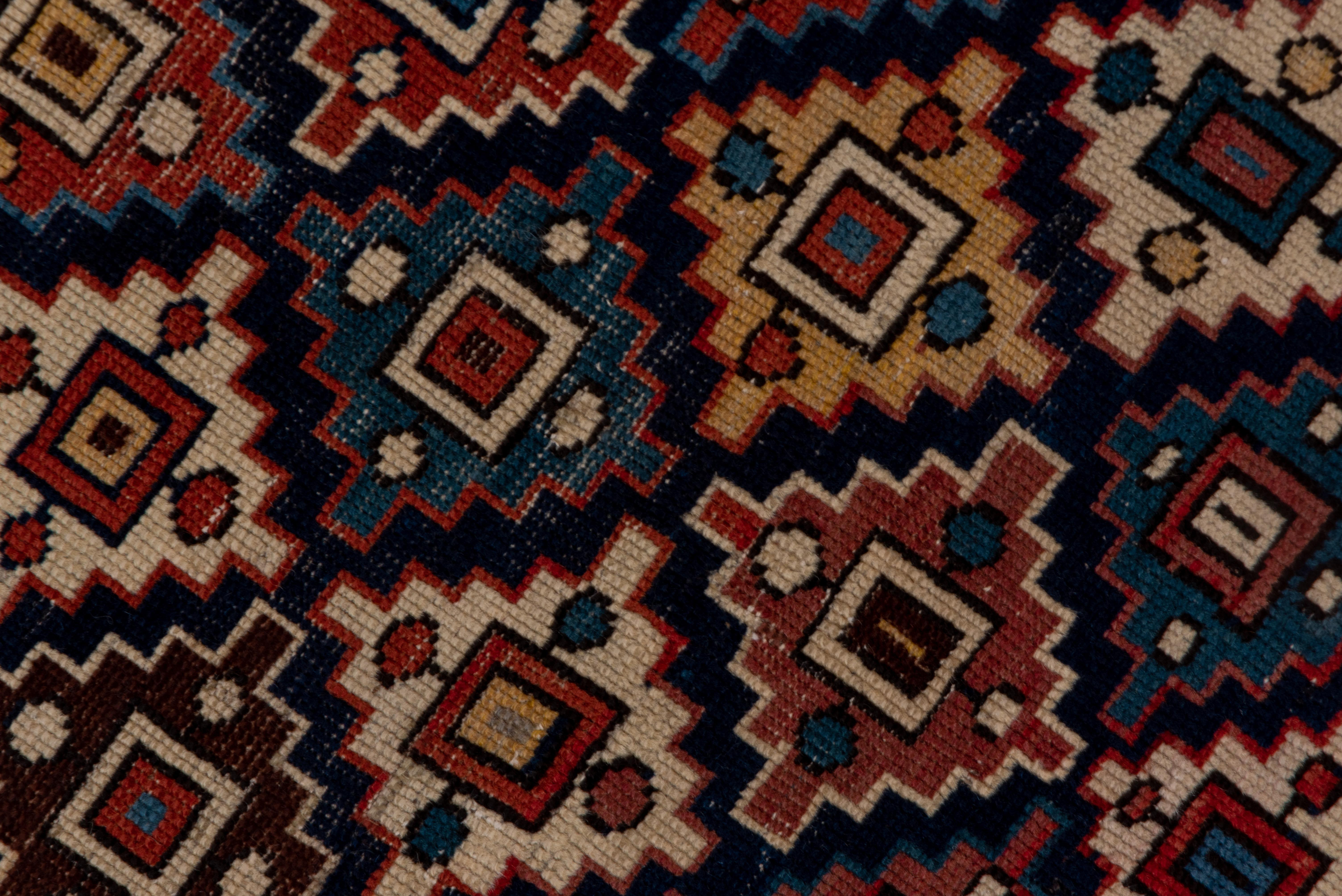 Early 20th Century Antique Caucasian Shirvan Rug, Geometric Field, Red, Navy & Yellow Palette