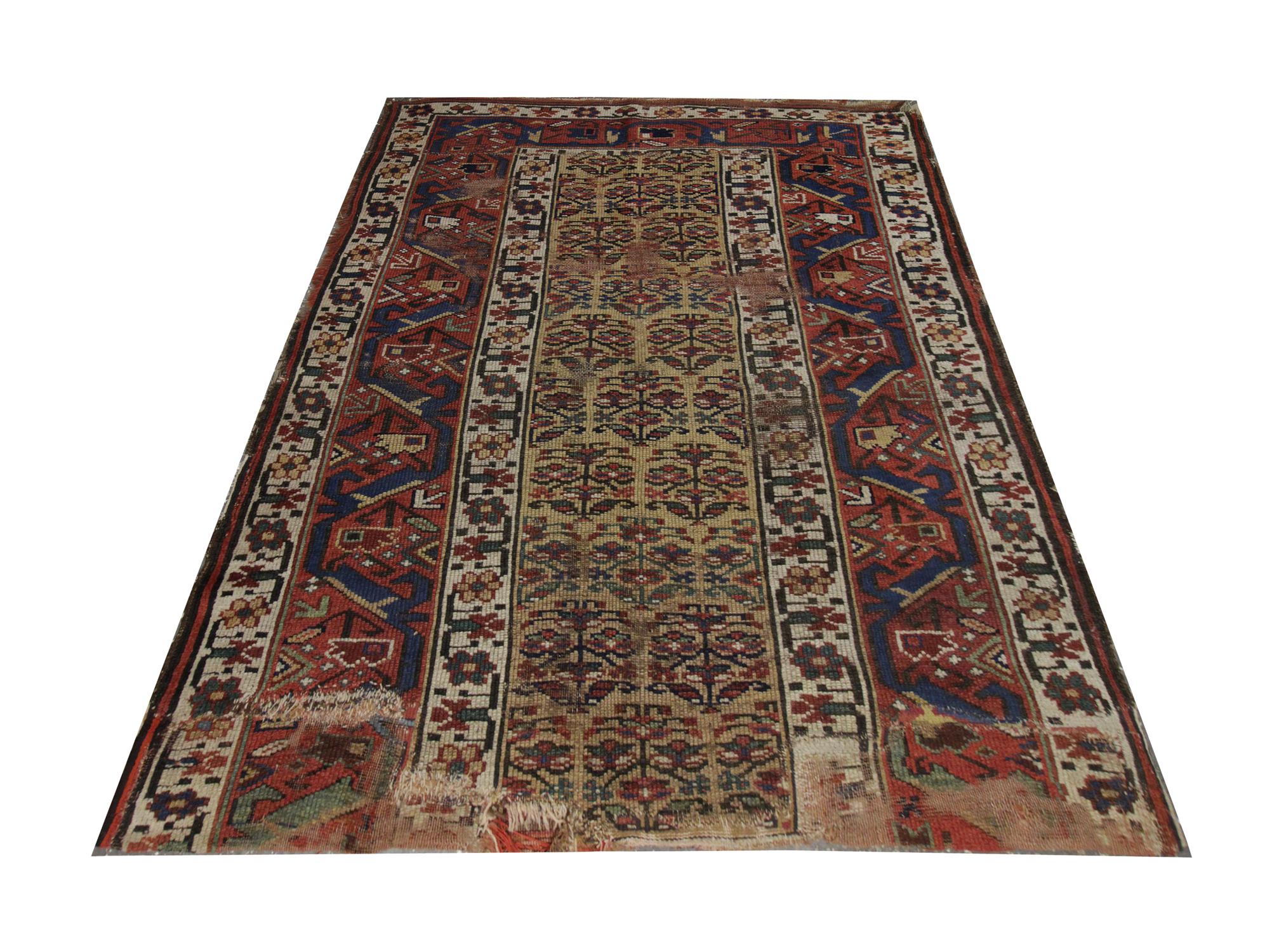 This wool rug is a great example of Caucasian rugs in the 1880s. Intricately woven by hand, this fine wool rug features an oriental floral design.
The central pattern has been woven on a cream background with blue, red, and brown accents that make
