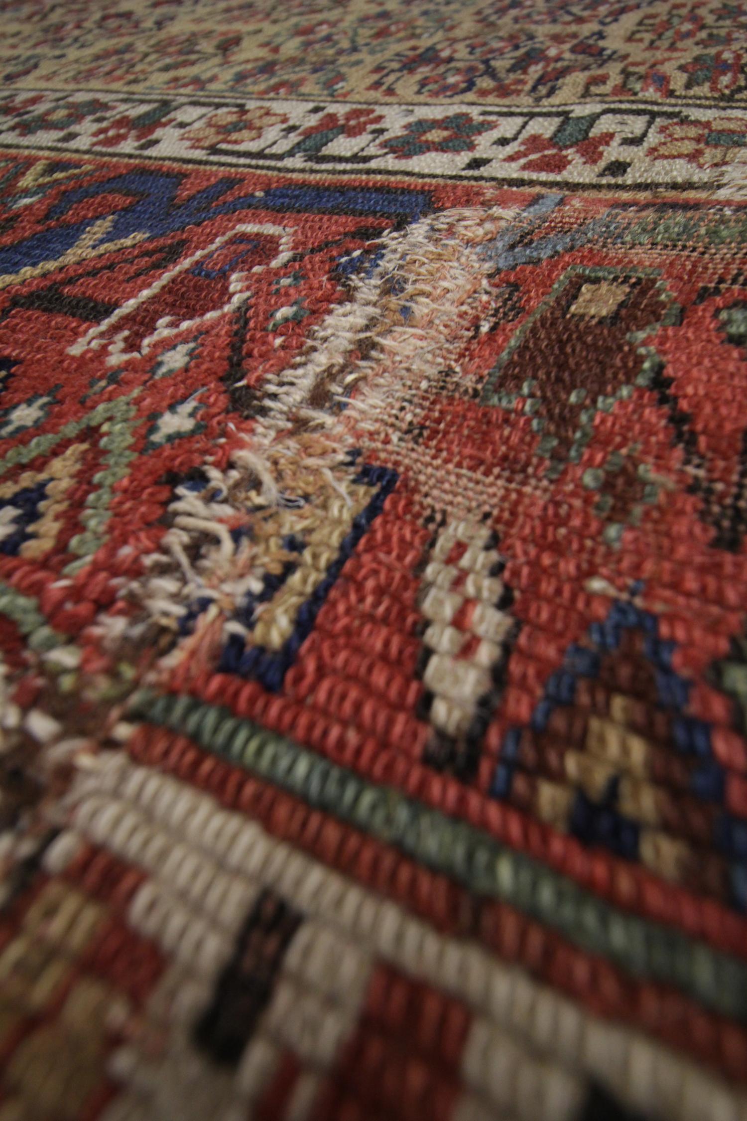 Antique Caucasian Shirvan Rug Handwoven Fragment Oriental Area Rug In Excellent Condition For Sale In Hampshire, GB