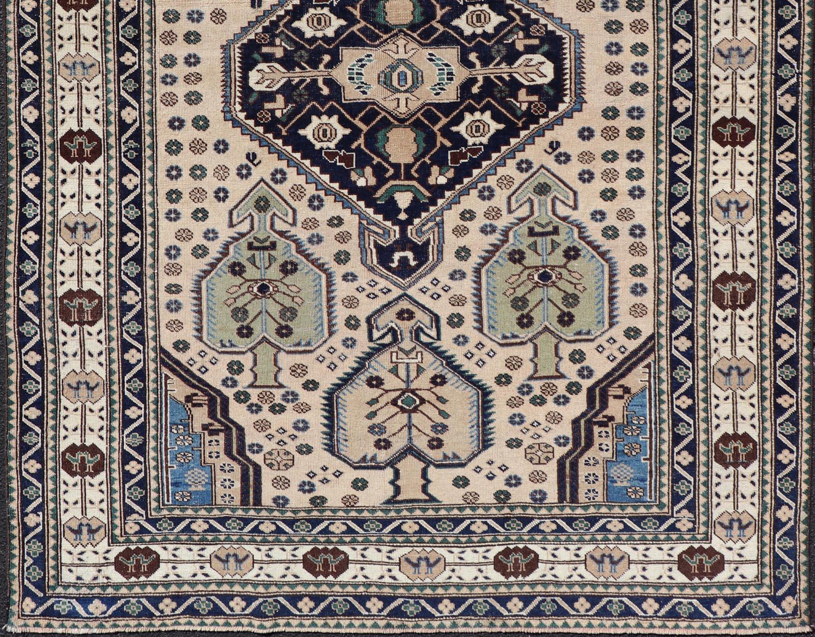 Antique Caucasian Shirvan Rug in Blue, Green, and Cream with Tribal Design In Good Condition For Sale In Atlanta, GA