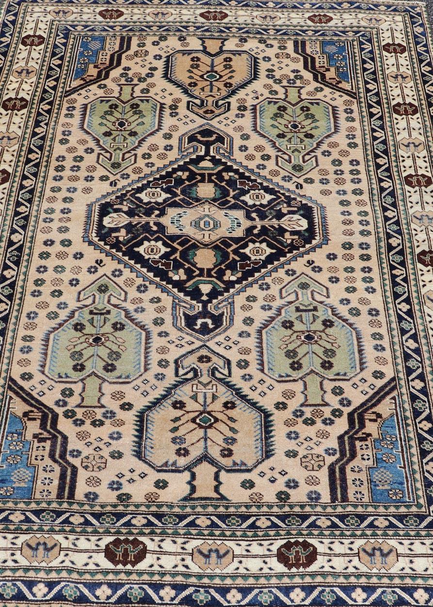 20th Century Antique Caucasian Shirvan Rug in Blue, Green, and Cream with Tribal Design For Sale