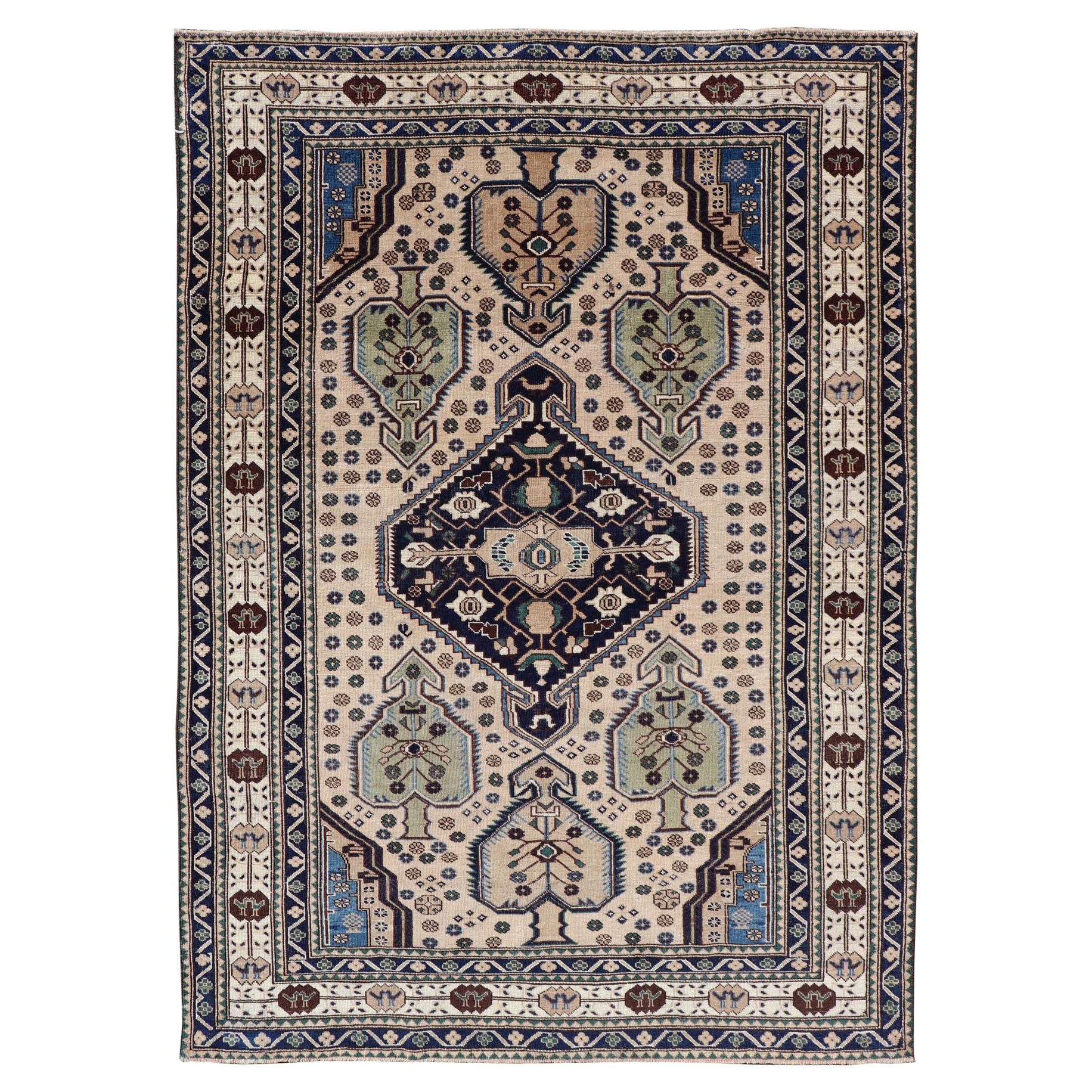 Antiker kaukasischer Schirwan-Teppich in Blau, Grün und Creme mit Stammesmuster