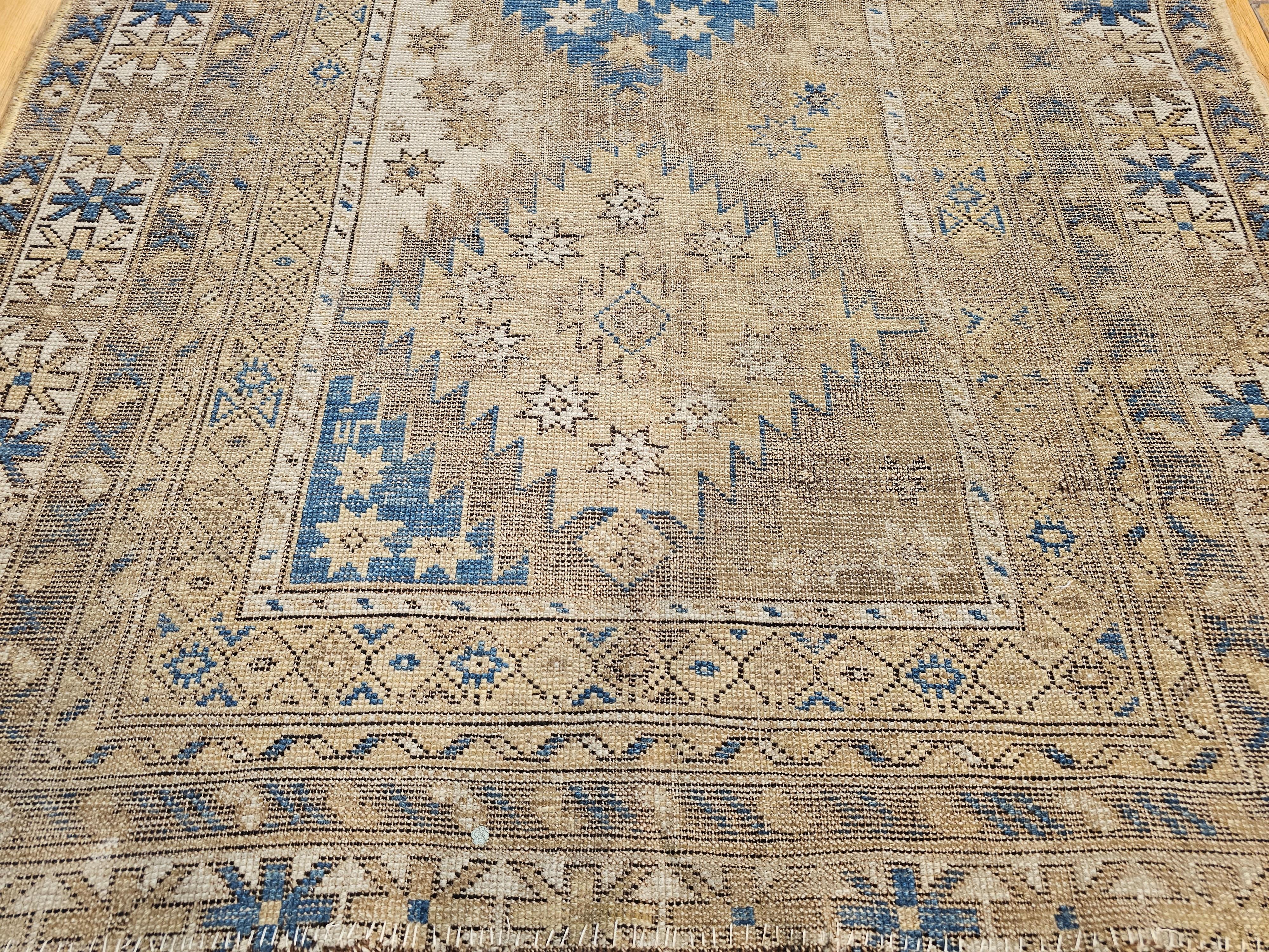 Antique Caucasian Shirvan Area Rug in Pale Blue, Ivory, Camel, Chocolate For Sale 6