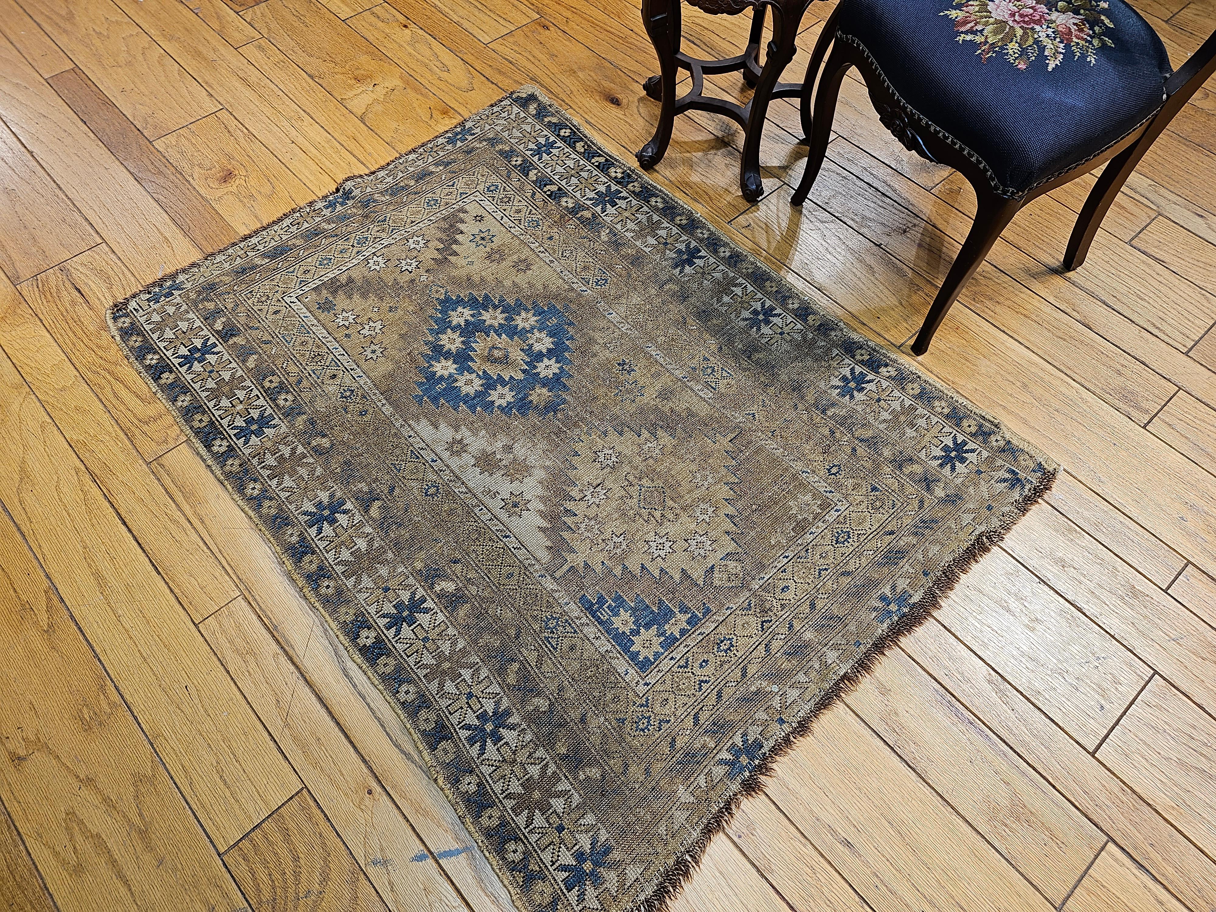 Antique Caucasian Shirvan Area Rug in Pale Blue, Ivory, Camel, Chocolate For Sale 9