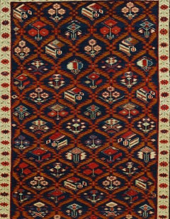 Antico tappeto caucasico Shirvan con sfondo blu scuro