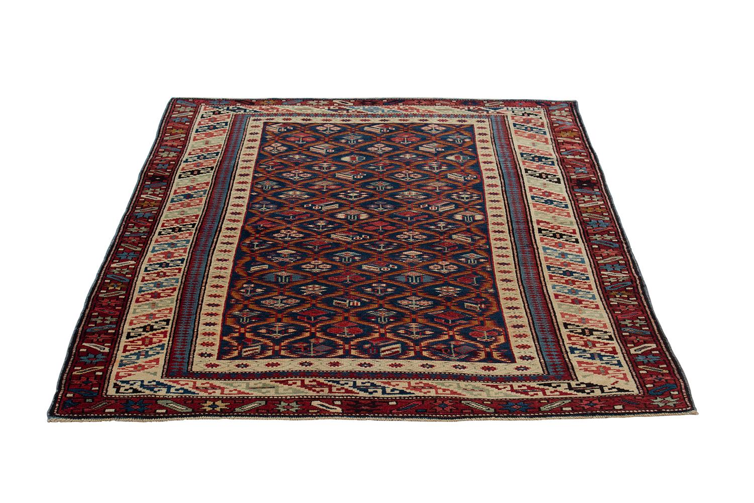 Tribal Antique Caucasian Shirvan Rug with a Navy Background For Sale
