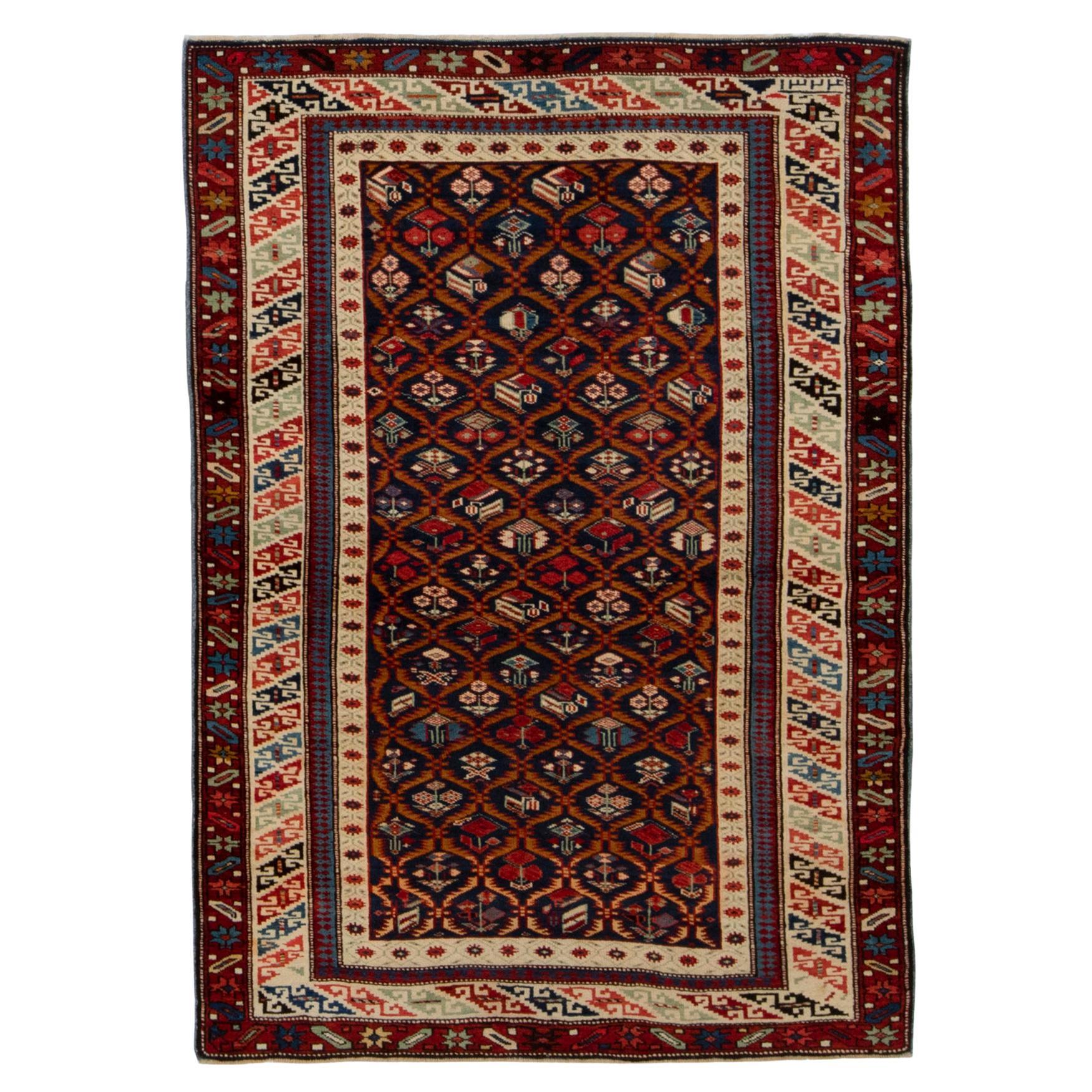 Antique Caucasian Shirvan Rug with a Navy Background For Sale