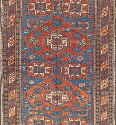 Antique Caucasian Shirvan Rug with Geometric Design in Brunt Orange and Blue