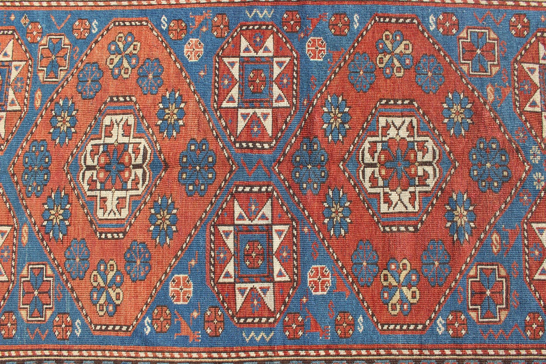 Hand-Knotted  Antique Caucasian Shirvan Rug with Geometric Design in Brunt Orange and Blue  For Sale