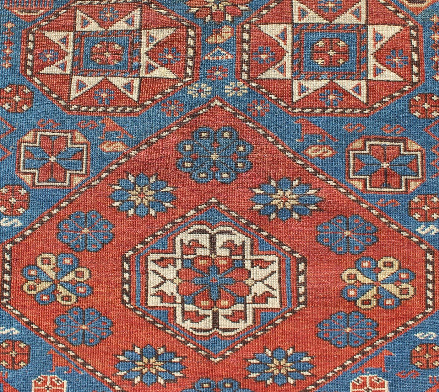  Antique Caucasian Shirvan Rug with Geometric Design in Brunt Orange and Blue  In Good Condition For Sale In Atlanta, GA