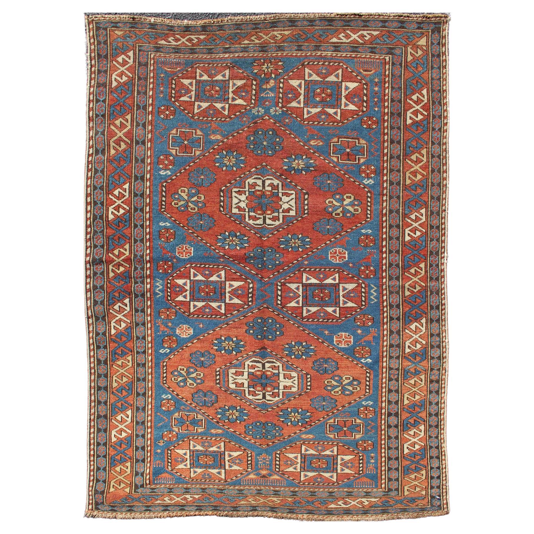  Antique Caucasian Shirvan Rug with Geometric Design in Brunt Orange and Blue  For Sale