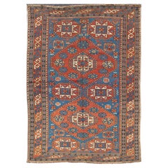  Antique Caucasian Shirvan Rug with Geometric Design in Brunt Orange and Blue 