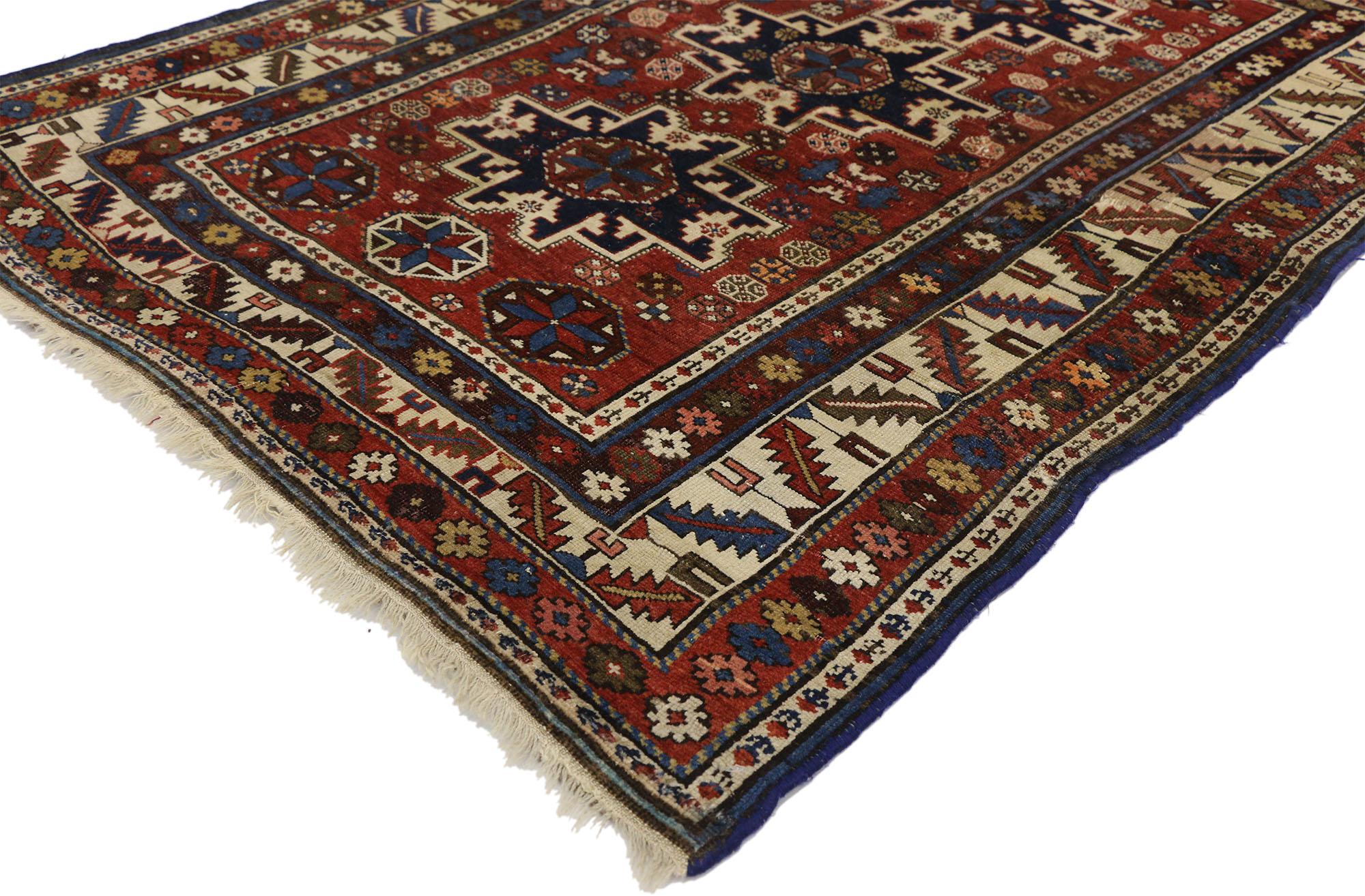 72858, antique Caucasian Shirvan rug Lesghi star. Based on traditional designs from the Caucasus region, this hand-knotted wool antique Caucasian Shirvan rug features three Lesghi Stars surrounded by classic Caucasian motifs representing protection,
