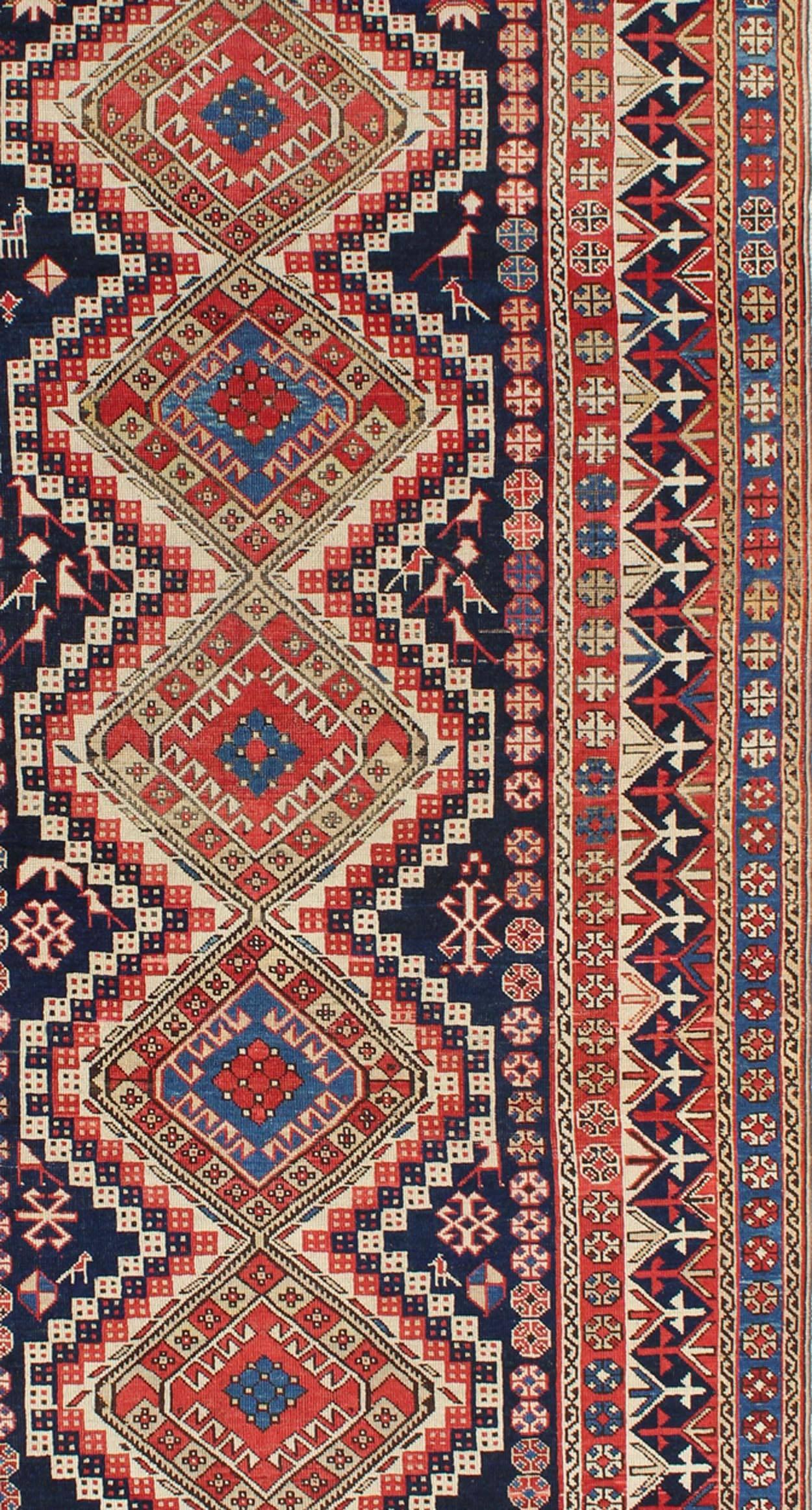 Hand-Knotted Antique Caucasian Shirvan Rug with Tribal Design and Medallions For Sale