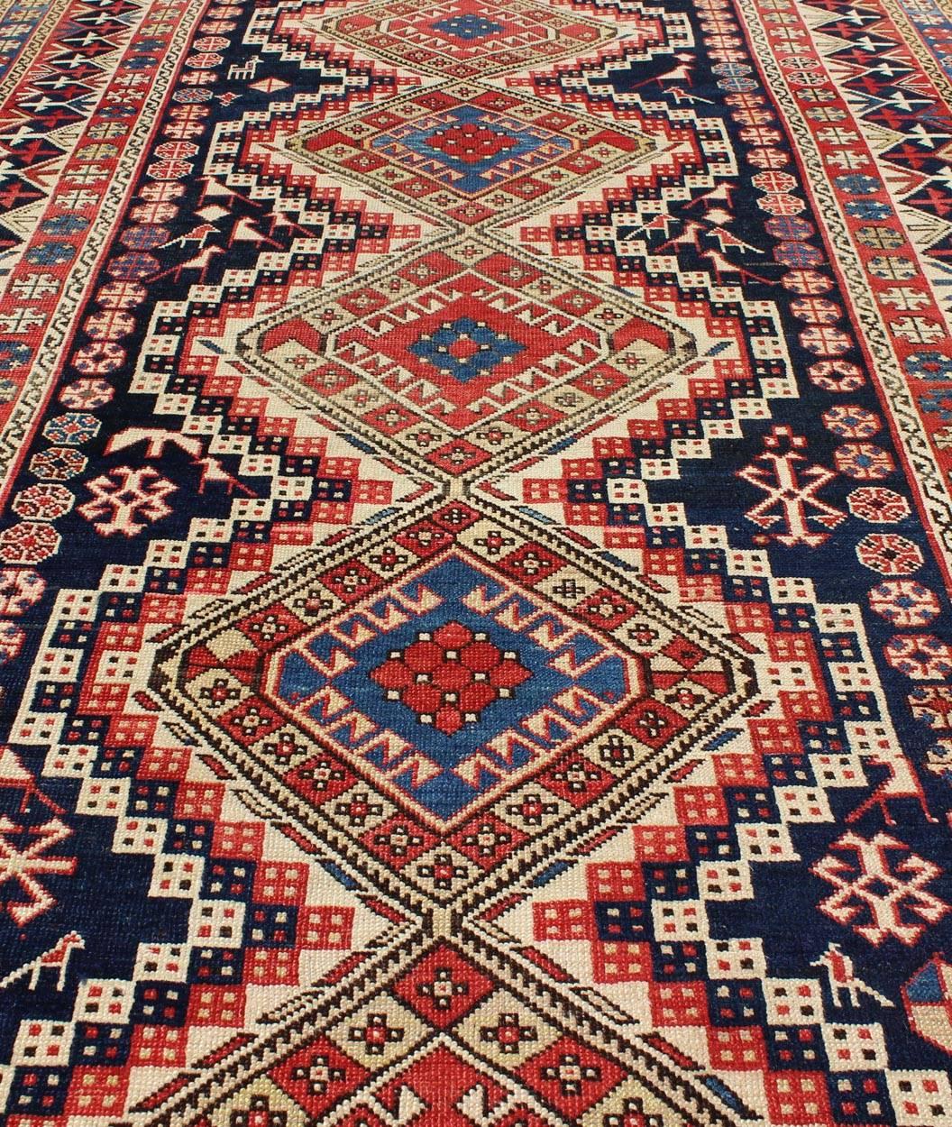 Late 19th Century Antique Caucasian Shirvan Rug with Tribal Design and Medallions For Sale