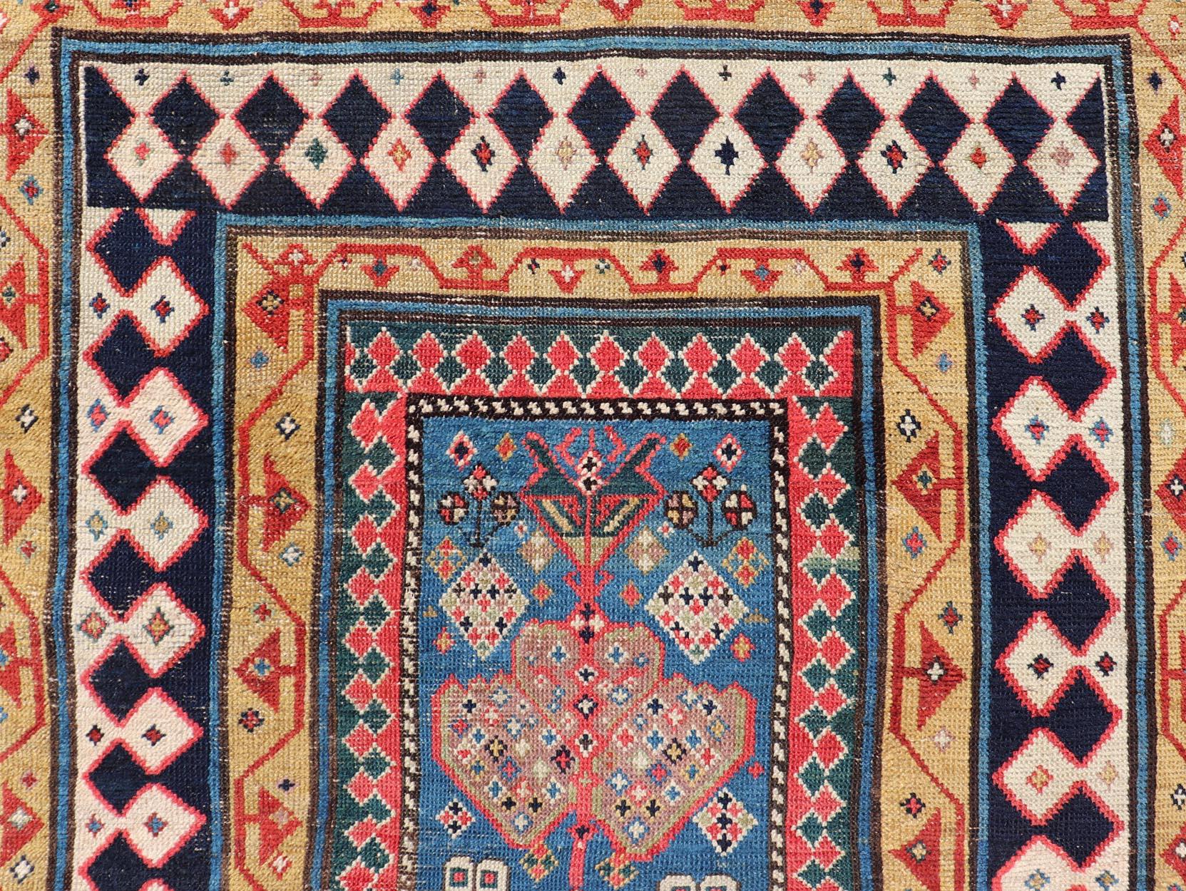 19th Century Antique Caucasian Shirvan Rug with Tribal Design and Motifs in Vivid Colors For Sale