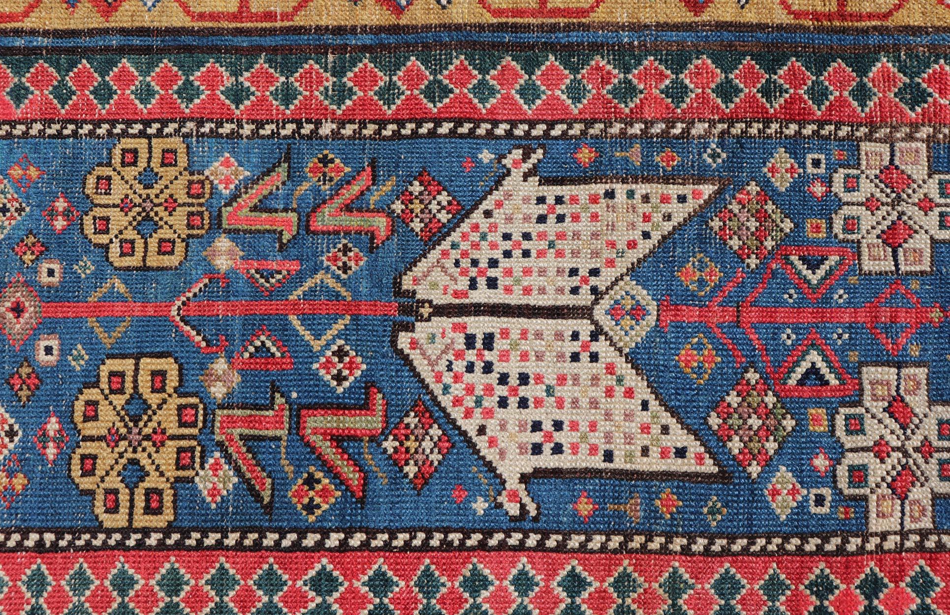 Antique Caucasian Shirvan Rug with Tribal Design and Motifs in Vivid Colors For Sale 1