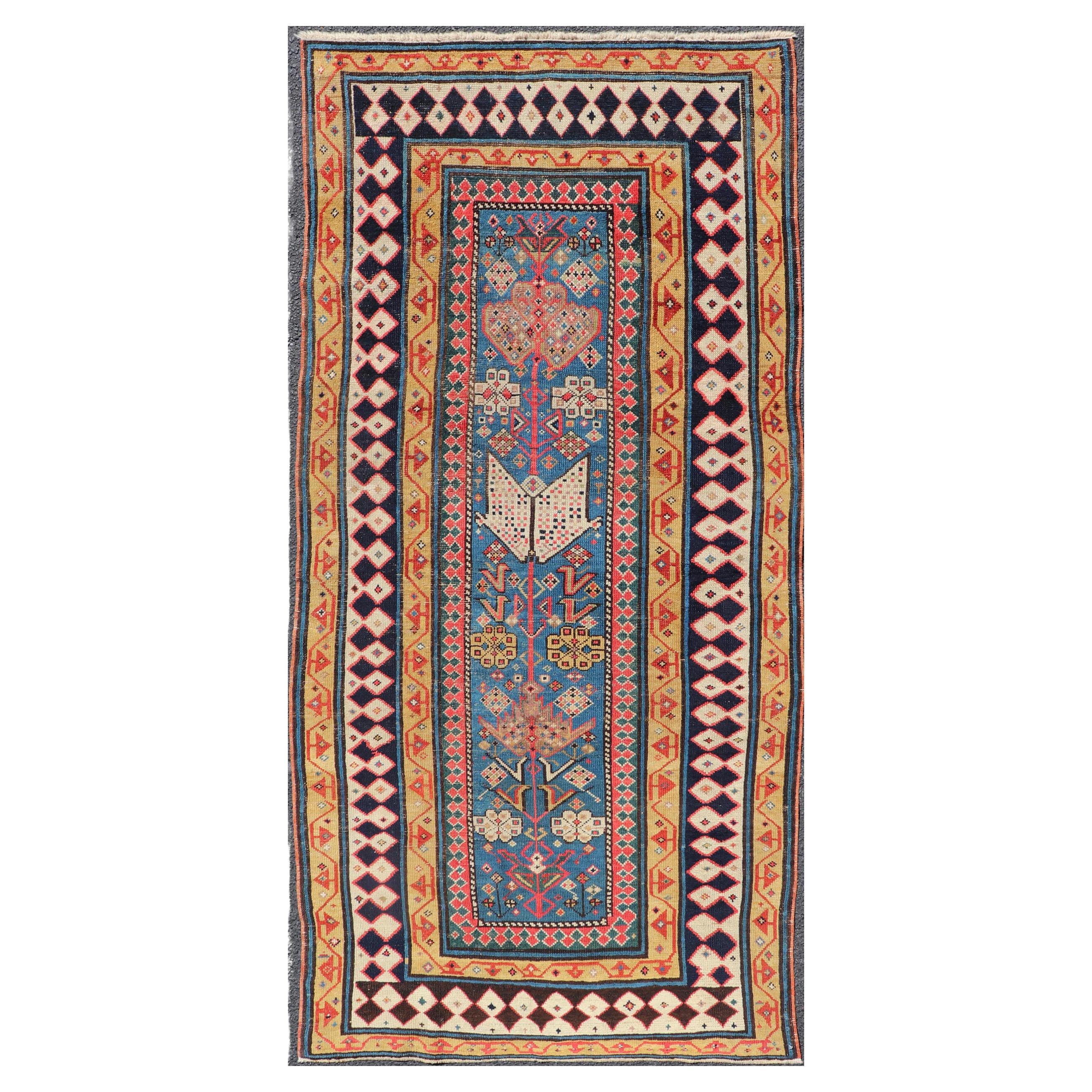 Antique Caucasian Shirvan Rug with Tribal Design and Motifs in Vivid Colors For Sale