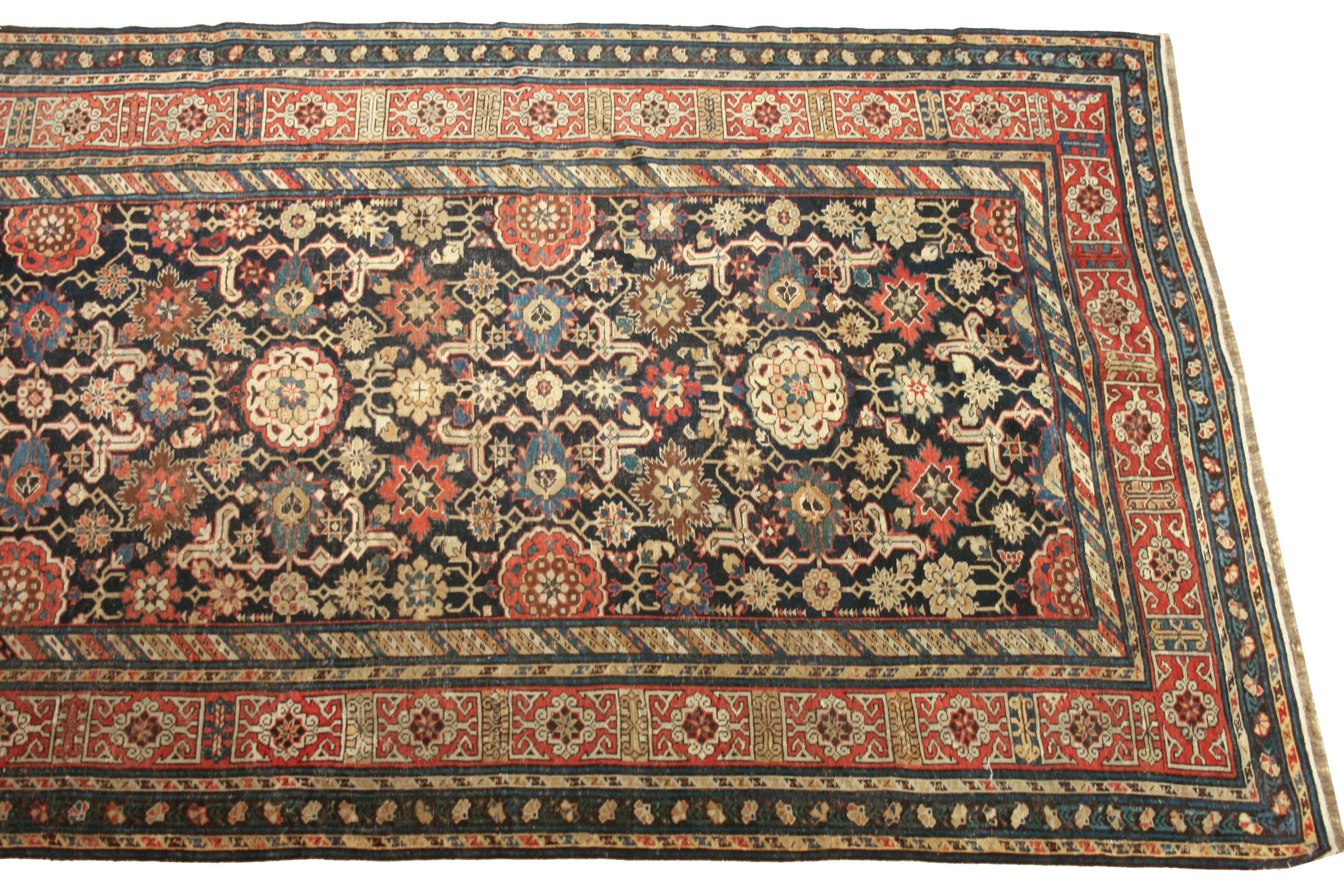 Antique Caucasian Shirvan runner rug, circa 1860. 19th century Shirvan runner rug. Colors: Navy, coral, tan, teal and royal blue. Size: 5'2 x 13'2.
