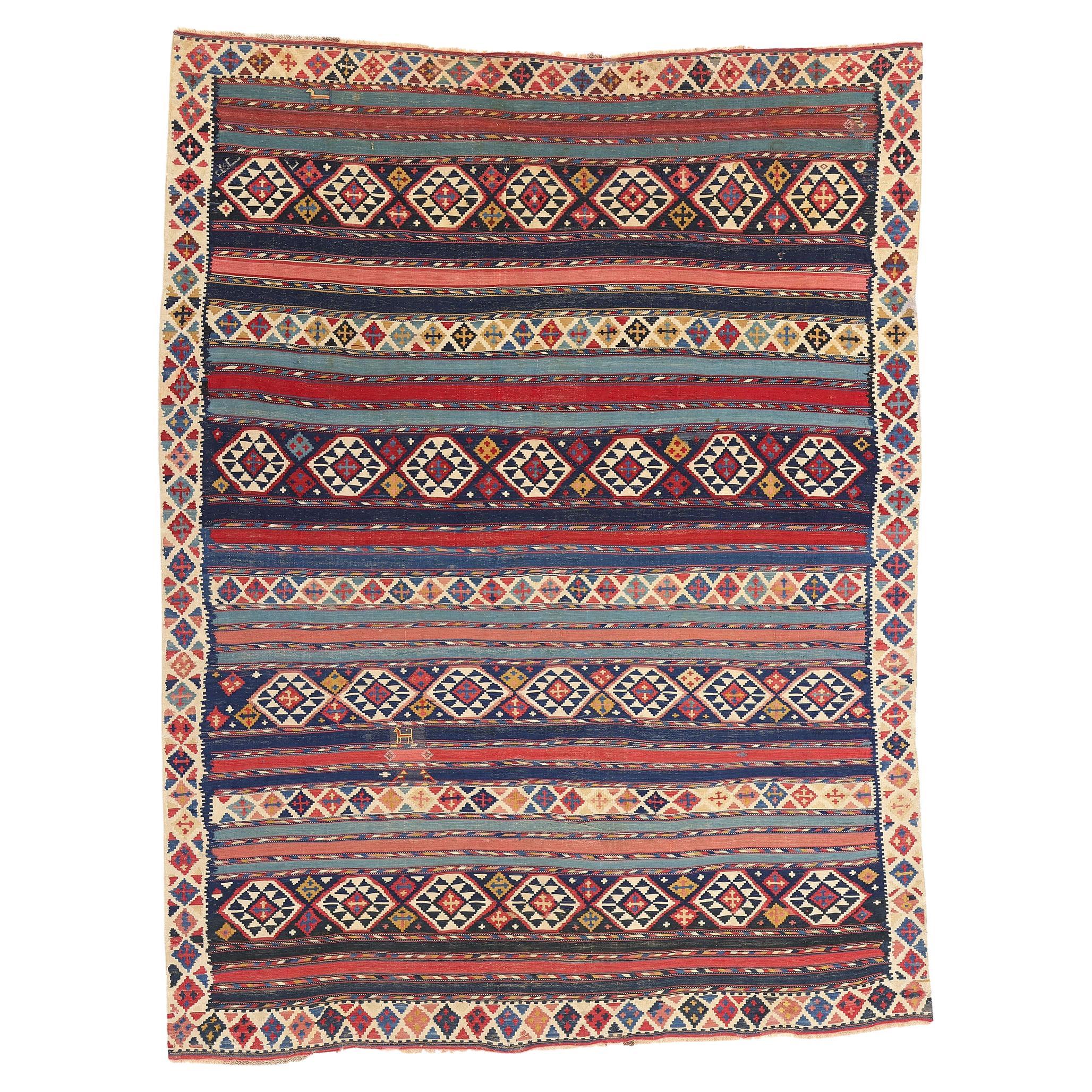 Antique Caucasian Shirvan Tribal Flat-Weave Carpet