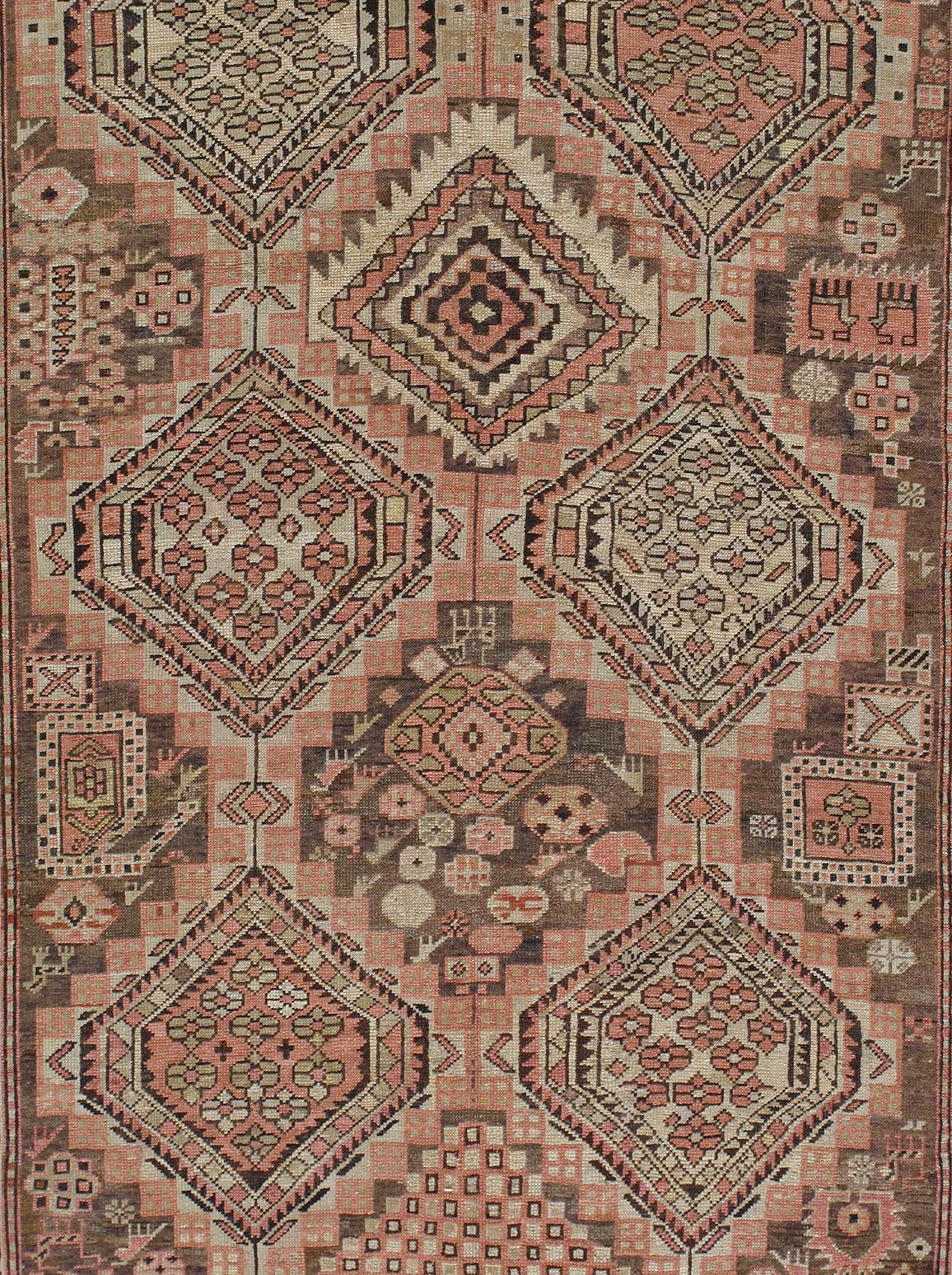 Hand-Knotted Antique Caucasian Shirvan Tribal Rug in Light Brown and Coral Rust Color For Sale
