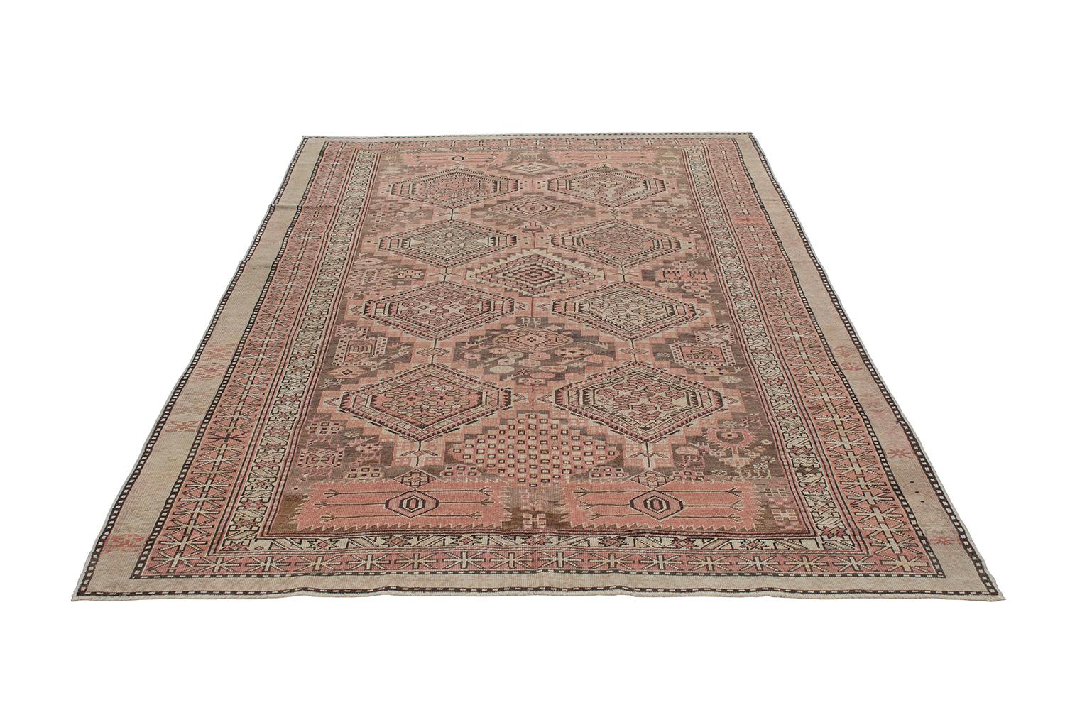 Antique Caucasian Shirvan Tribal Rug in Light Brown and Coral Rust Color In Good Condition For Sale In New York, NY