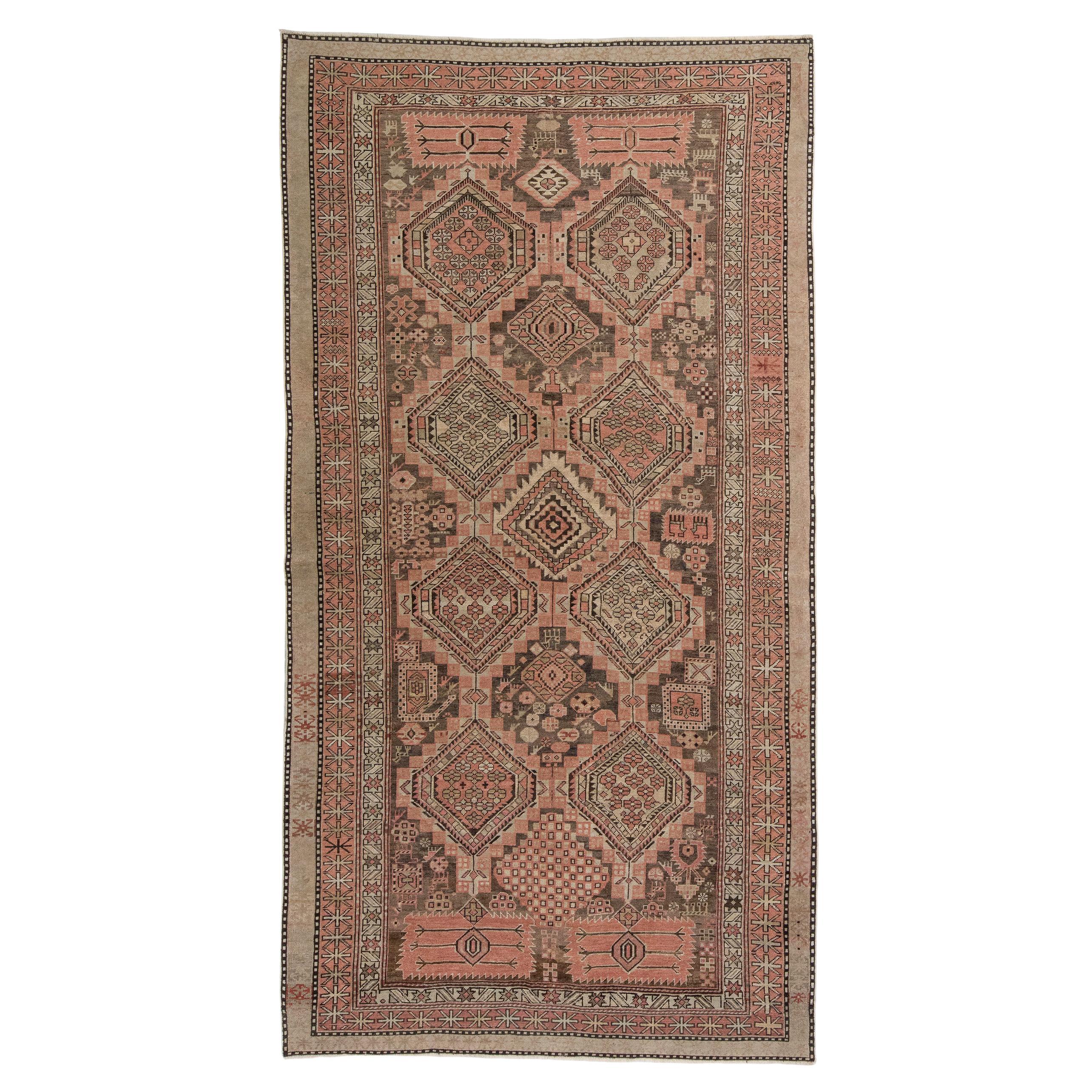 Antique Caucasian Shirvan Tribal Rug in Light Brown and Coral Rust Color