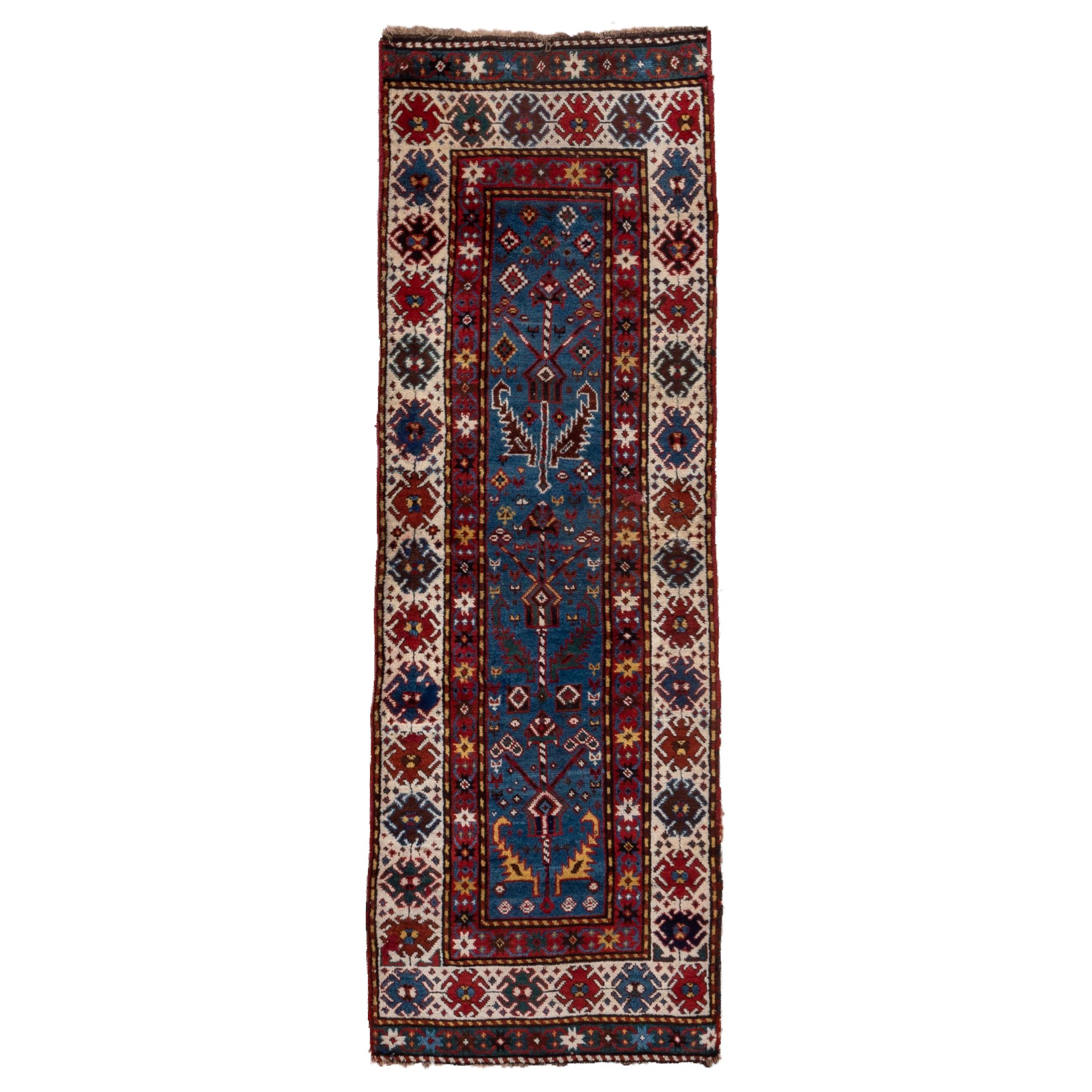 Antique Caucasian Small Runner, Royal Blue Field, circa 1900s