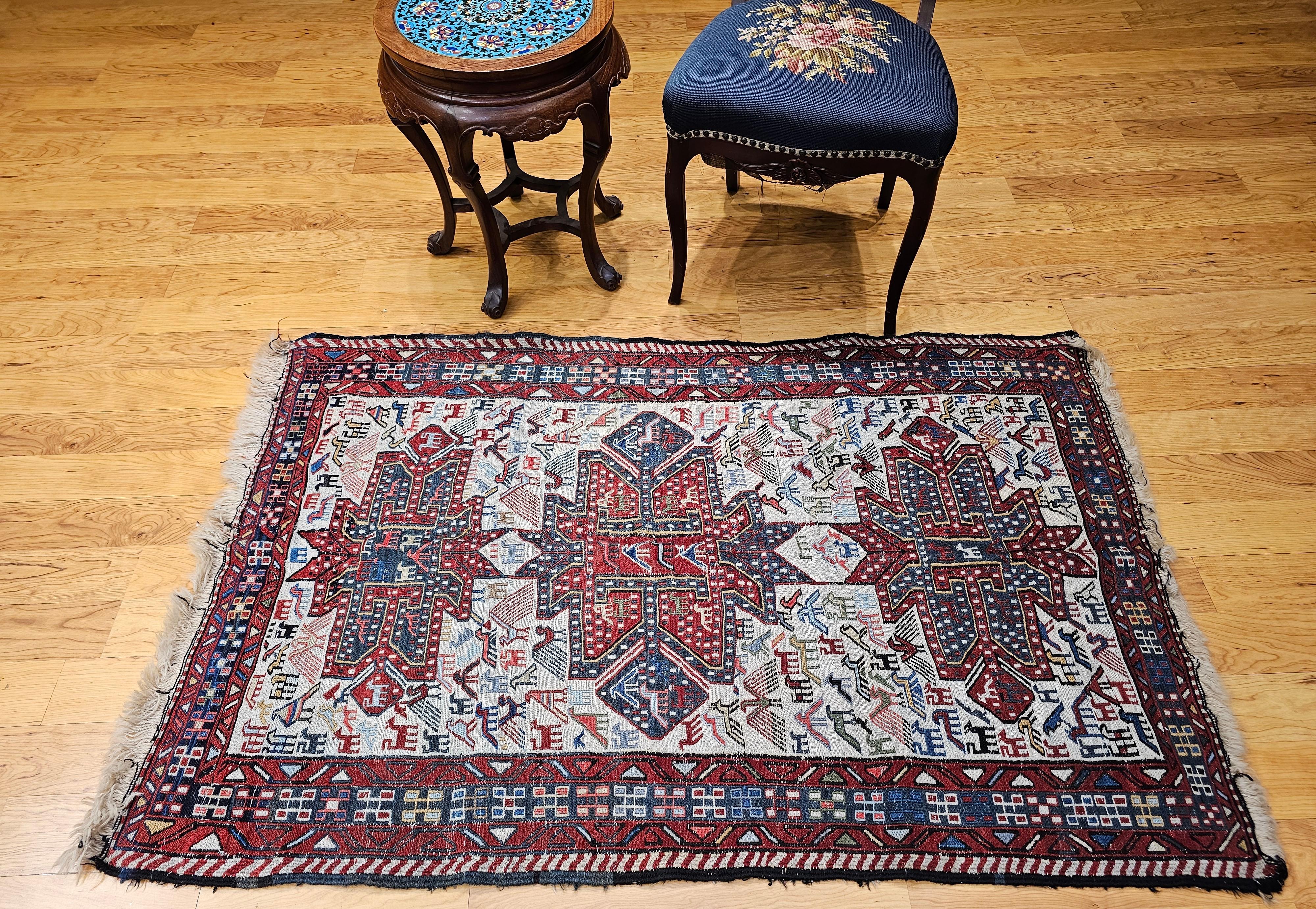 Antique Caucasian Soumak Area Rug with Bird Motifs in Ivory, Red & Blue For Sale 5