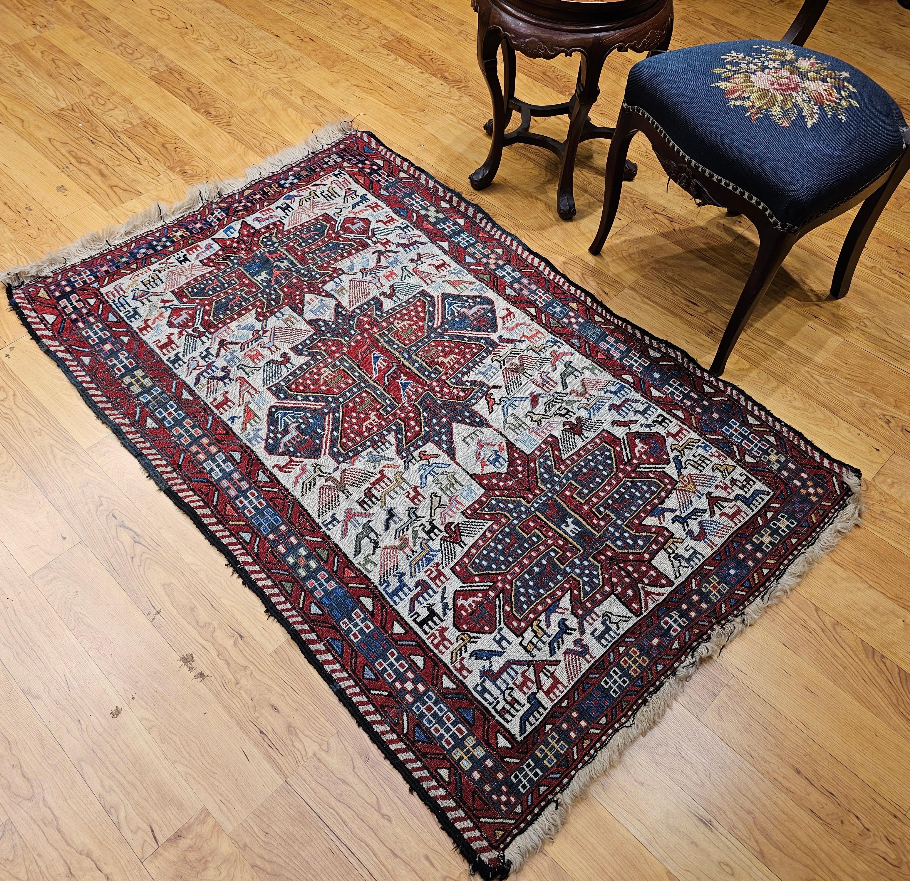 Antique Caucasian Soumak Area Rug with Bird Motifs in Ivory, Red & Blue For Sale 6