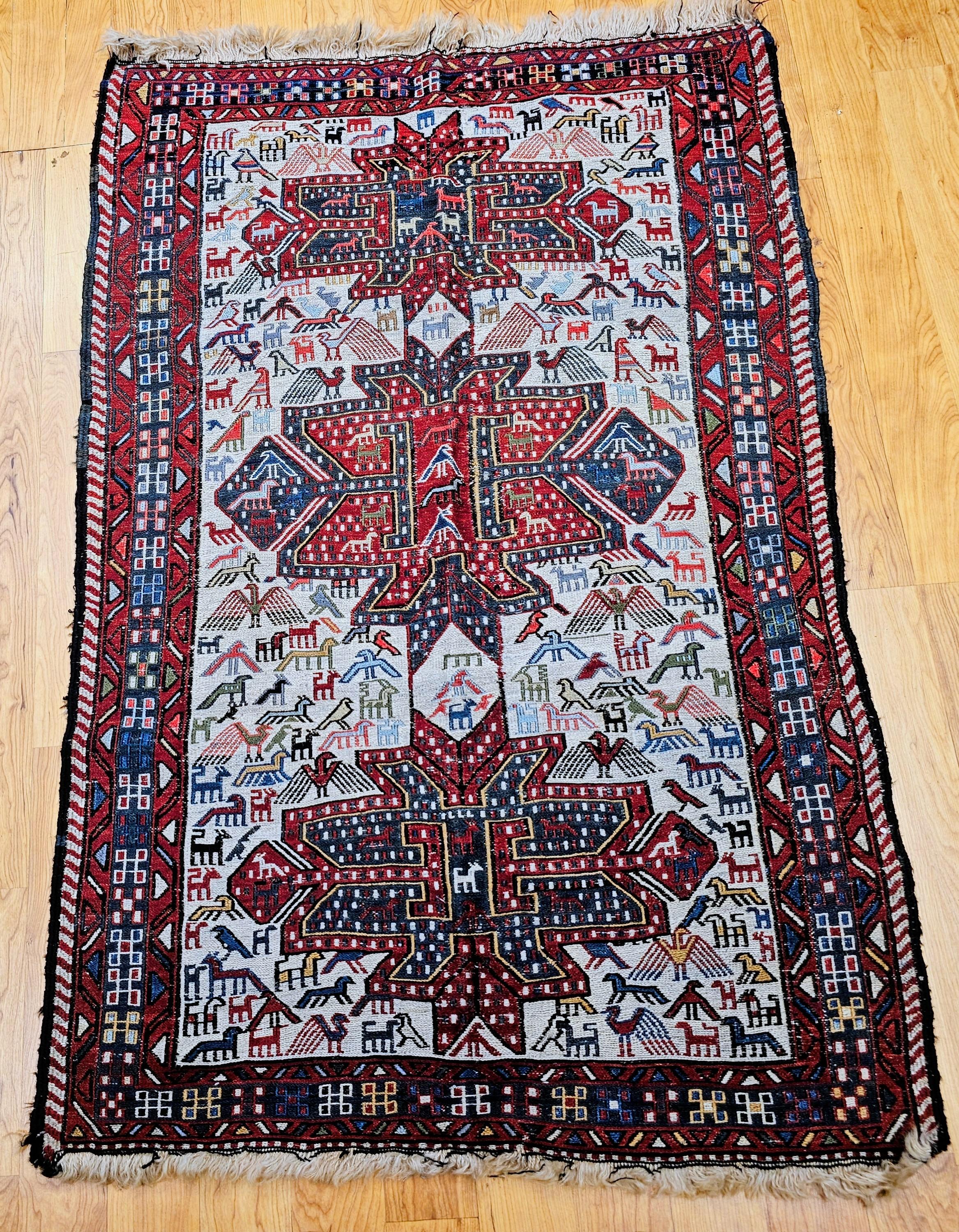 Antique Caucasian Soumak Area Rug with Bird Motifs in Ivory, Red & Blue For Sale 7