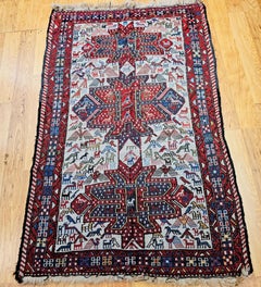 Antique Caucasian Soumak Area Rug with Bird Motifs in Ivory, Red & Blue
