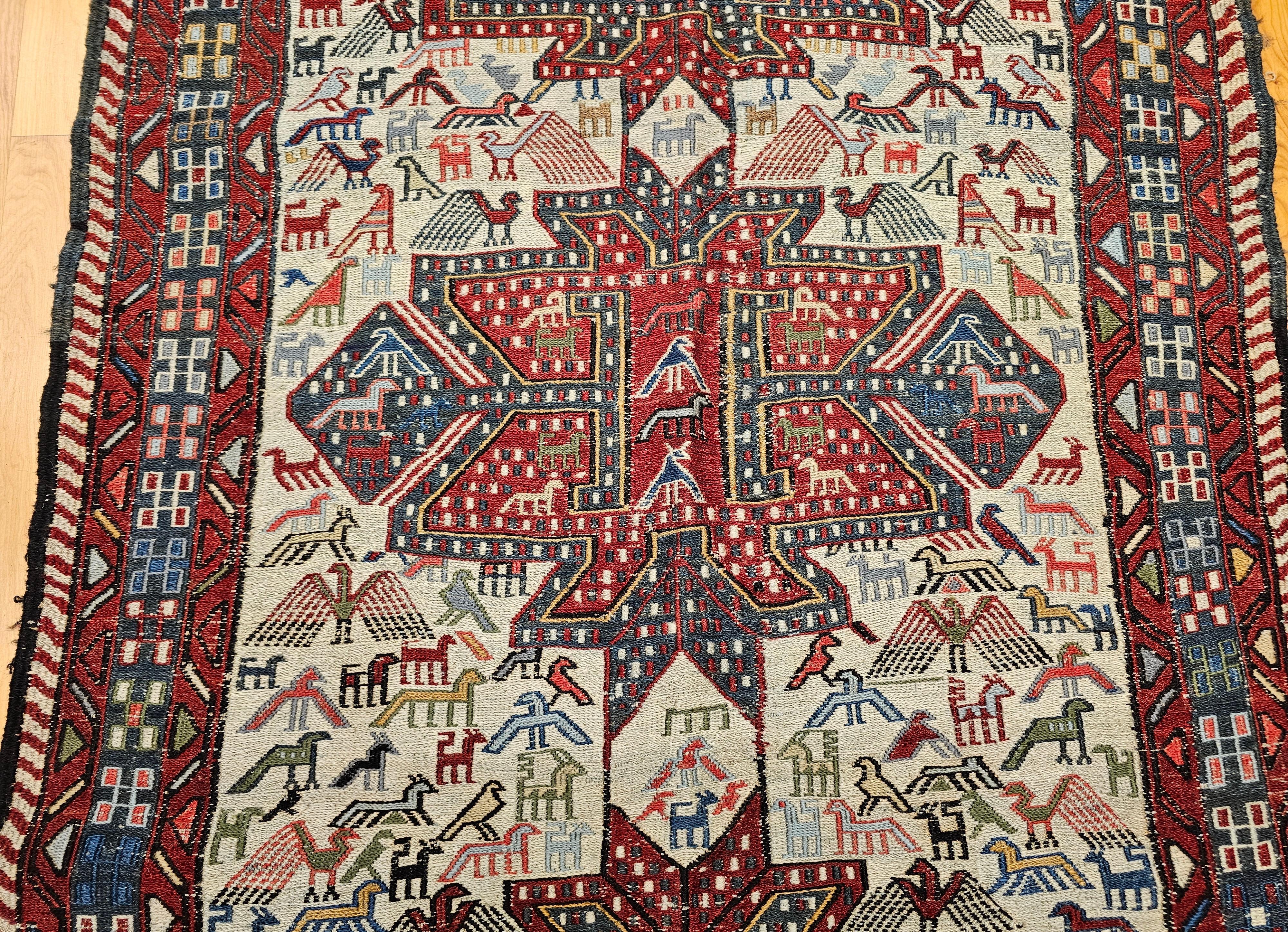 Antique Caucasian Soumak Area Rug with Bird Motifs in Ivory, Red & Blue In Good Condition For Sale In Barrington, IL