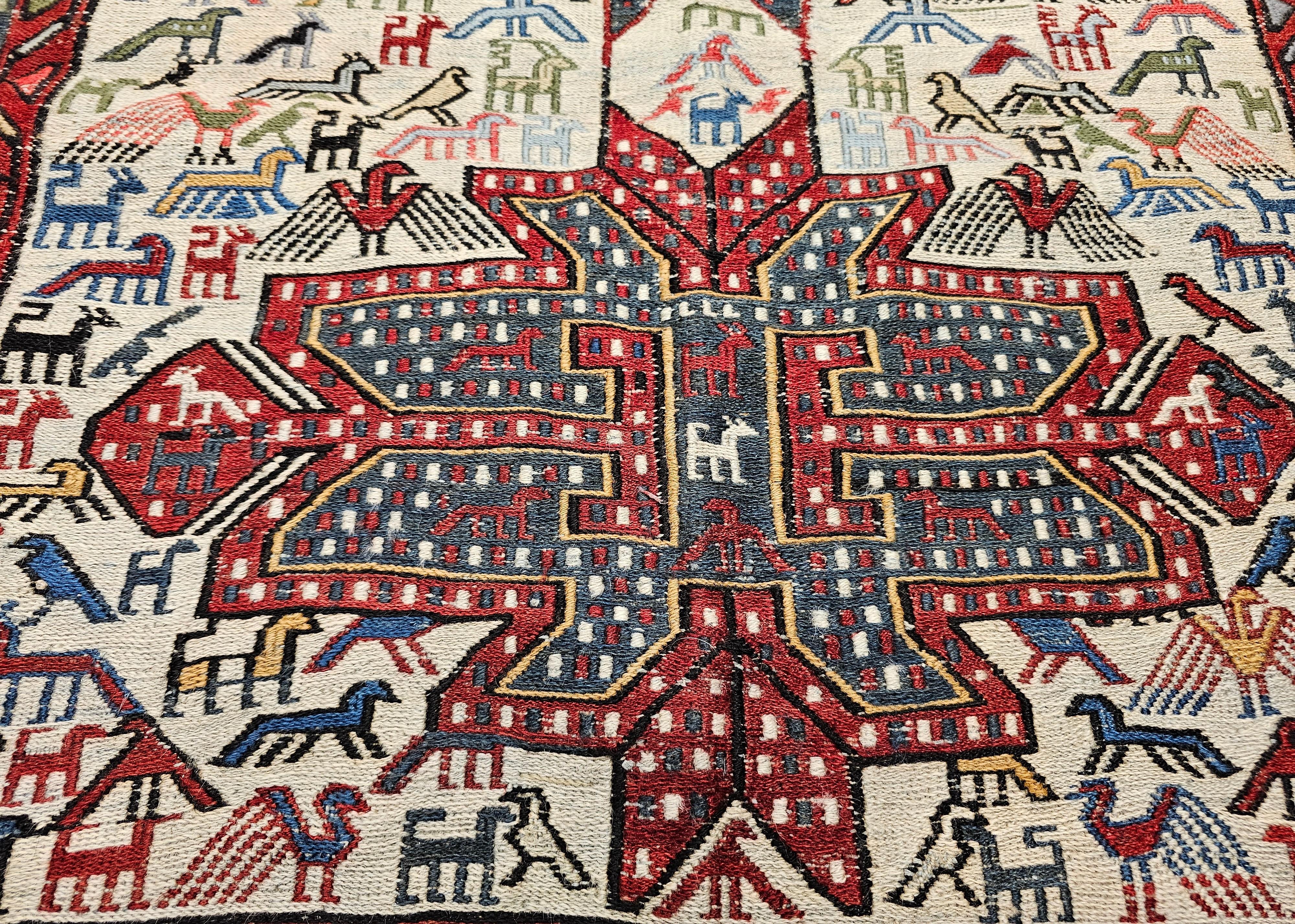 Antique Caucasian Soumak Area Rug with Bird Motifs in Ivory, Red & Blue For Sale 1