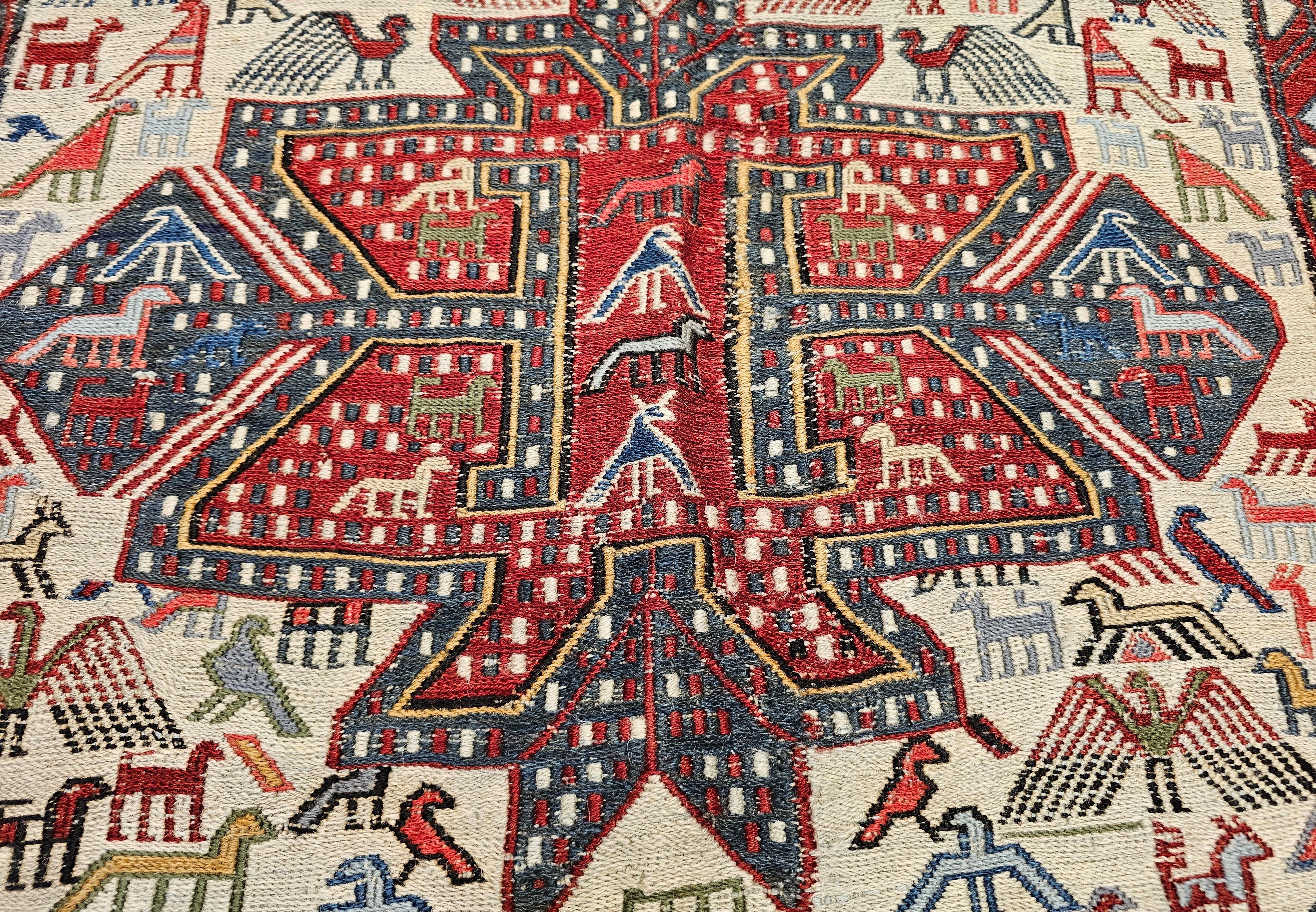 Antique Caucasian Soumak Area Rug with Bird Motifs in Ivory, Red & Blue For Sale 2
