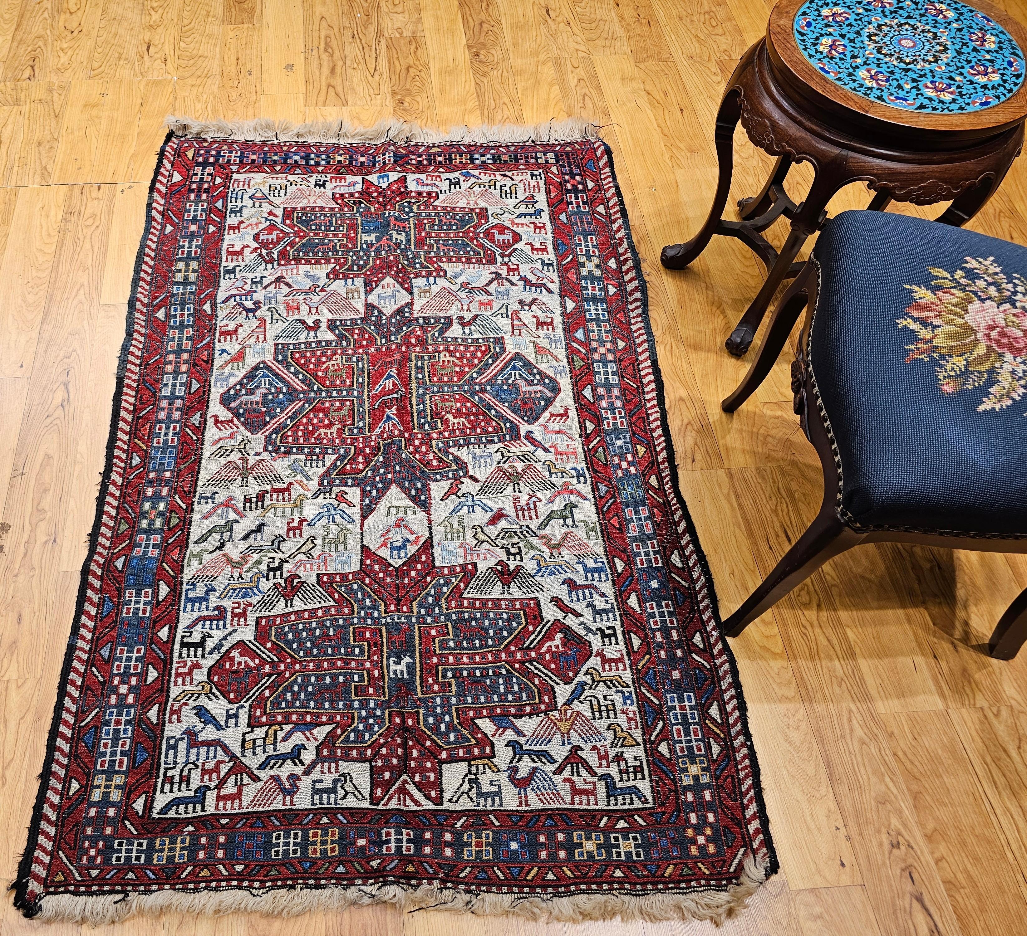 Antique Caucasian Soumak Area Rug with Bird Motifs in Ivory, Red & Blue For Sale 3