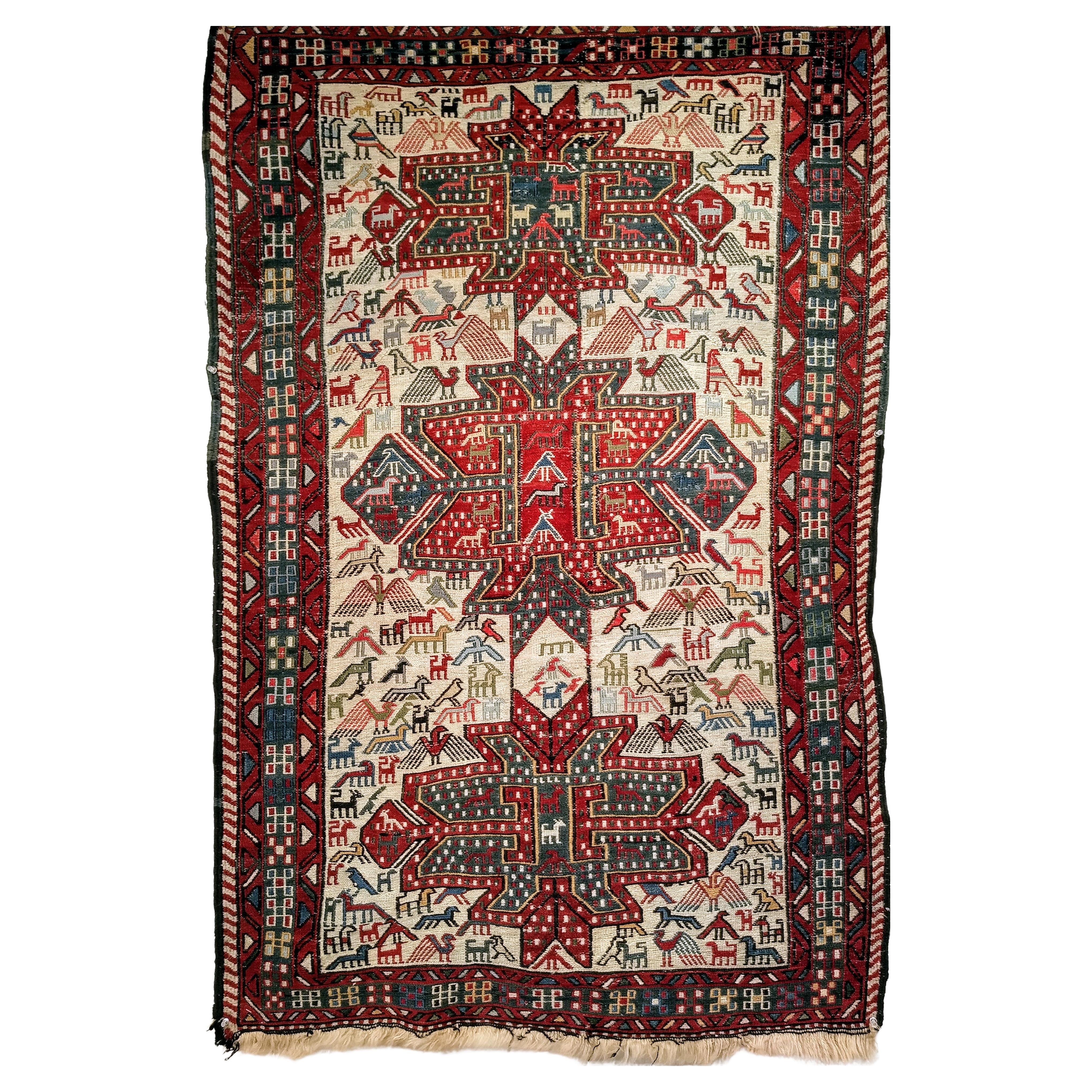 Antique Caucasian Soumak Area Rug with Bird Motifs in Ivory, Red & Blue For Sale