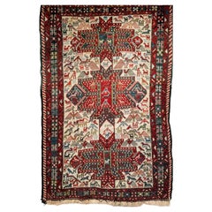 Antique Caucasian Soumak Area Rug with Bird Motifs in Ivory, Red & Blue