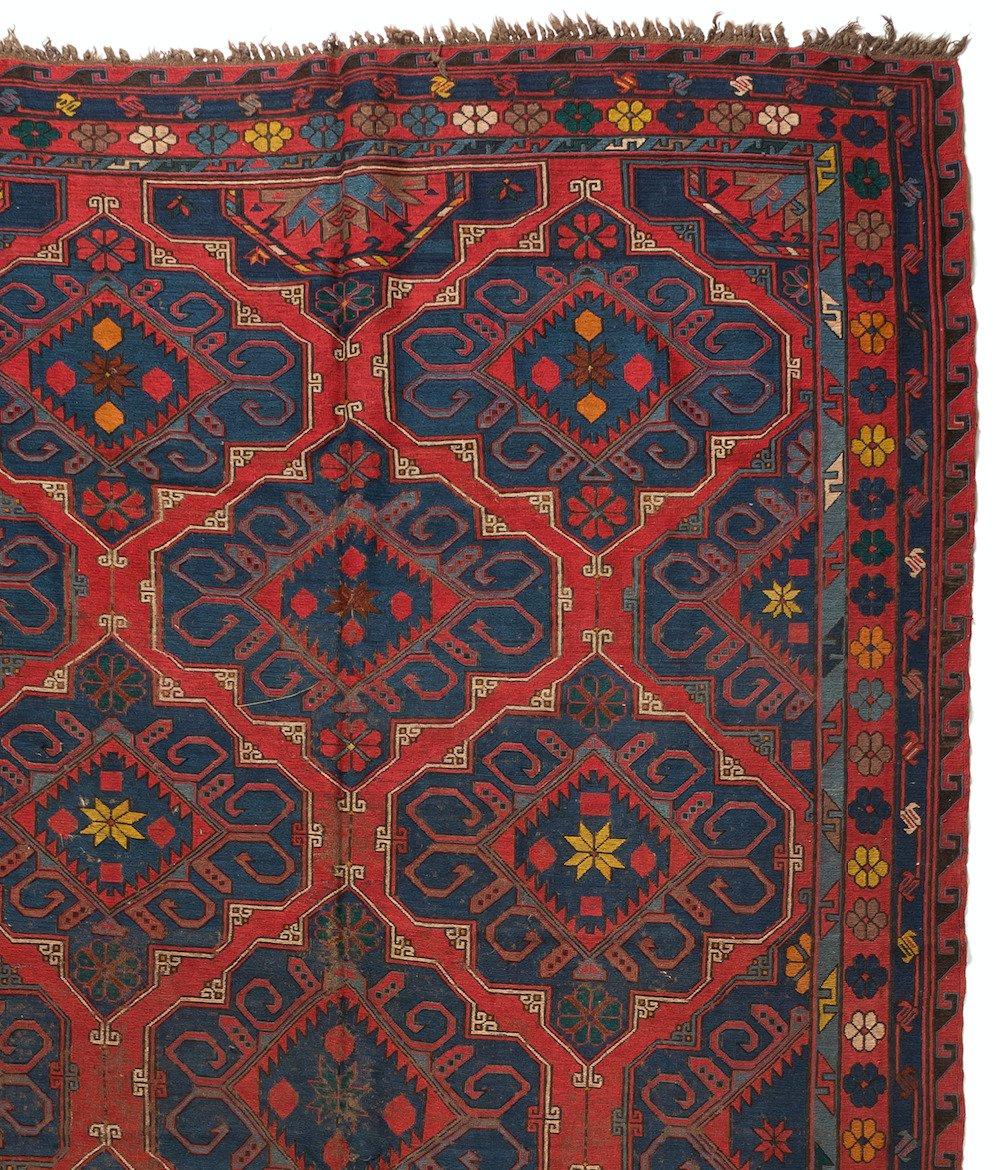 Sumak Antique Red Navy Geometric Tribal Flat-Weave Caucasian Soumak Rug For Sale